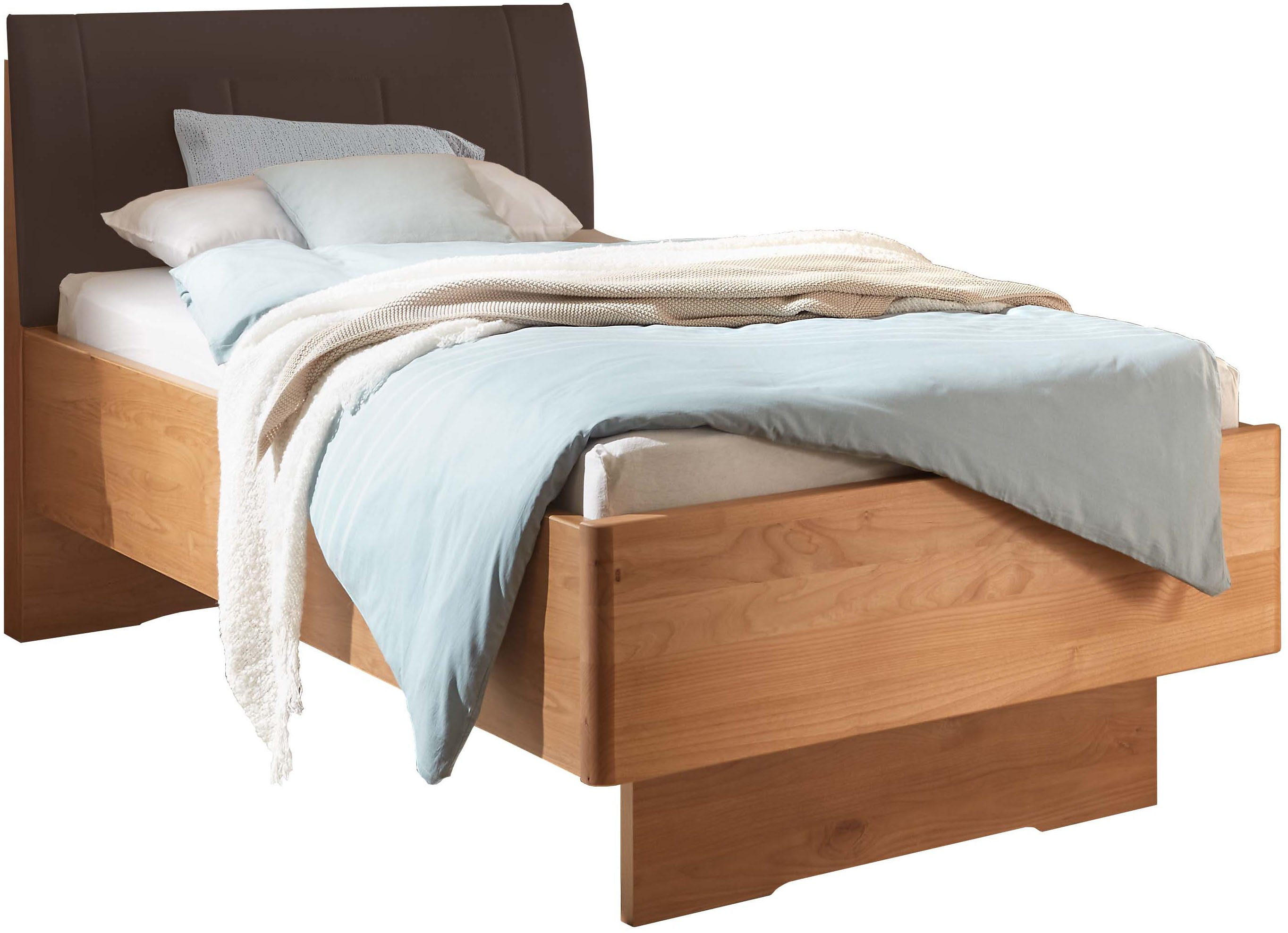 WIEMANN Holzbett Cardiff, Bettgestell, Bettrahmen, teilmassiv, mit Polsterkopfteil (Belastbarkeit 110/220 Kg, 4-fache höhenverstellbar, MADE IN GERMANY), Fußteil aus Massivholz, verschiedene Größen