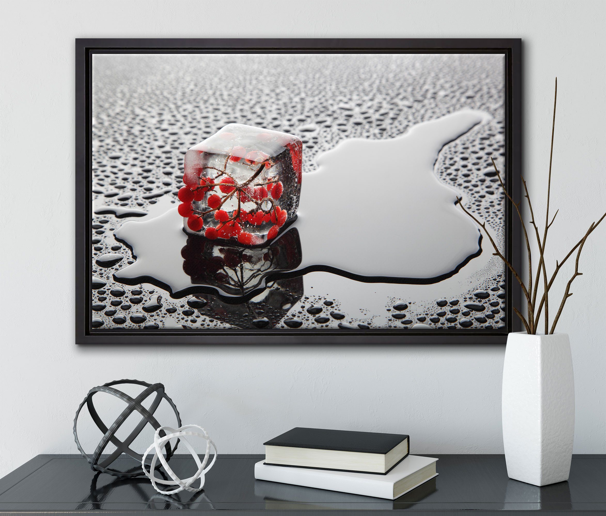 Schattenfugen-Bilderrahmen Zackenaufhänger Leinwandbild bespannt, Pixxprint Eis, einem Wanddekoration Vogelbeeren St), Leinwandbild gefasst, im inkl. (1 fertig in