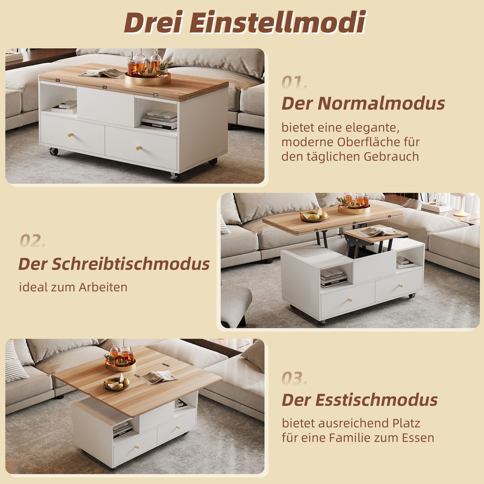 Merax Couchtisch höhenverstellbarer mit klappbarer Tischplatte & Hydraulikfunktion (1-St), Wohnzimmertisch Beistelltisch mit 4 Schubladen & Rollen, 100x50x47,5c – Bild 5 von 5