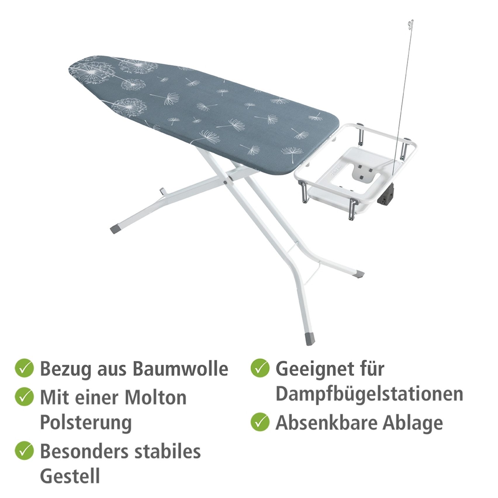 WENKO Bügelbrett Modell Professional, Bügelfläche 130x48 cm, höhenverstellbarer Bügeltisch mit Kabelführung und Steckdose