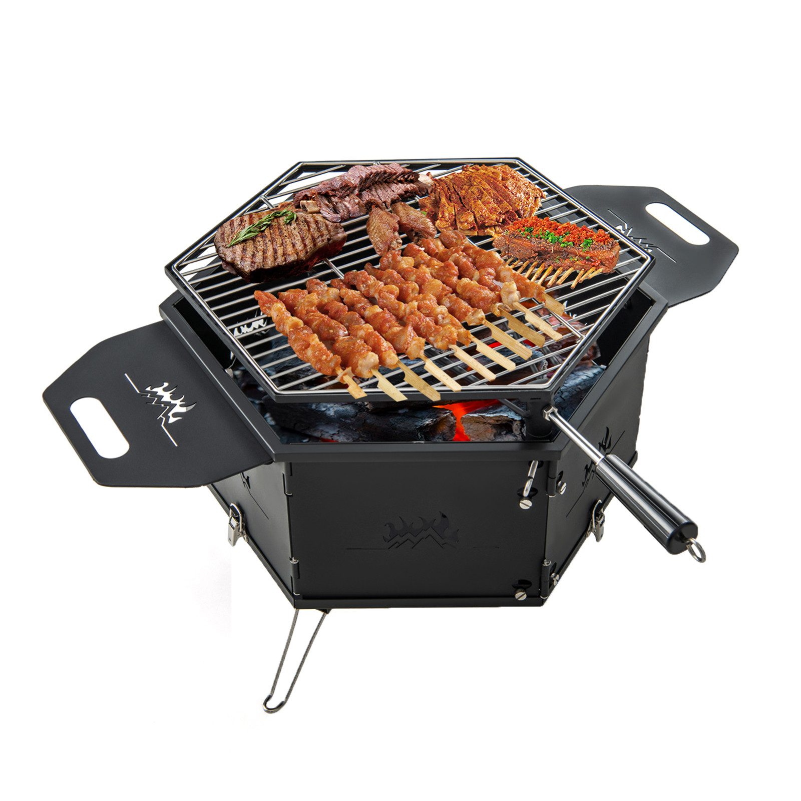 KOMFOTTEU Holzkohlegrill 2 in 1 Campinggrill, mit 360° drehbarem Grill, für 3-6 Personen