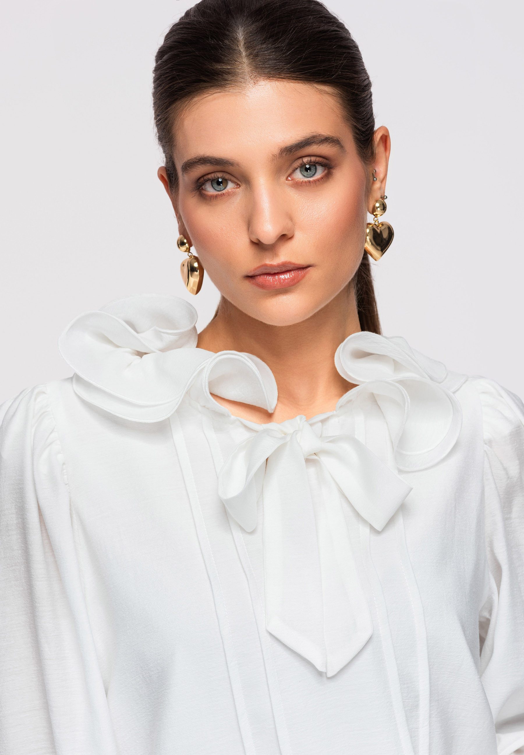 OMBRE Langarmbluse Langarmbluse Damen Volantkragen Elegant Weiß S (kein Set, 1-tlg) Dekorativer Volantkragen