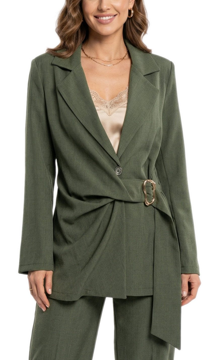 dy_mode Longblazer Damen Longblazer in Wickeloptik Taillierter Business Blazer in Unifarbe, Tailliert in Wickeloptik