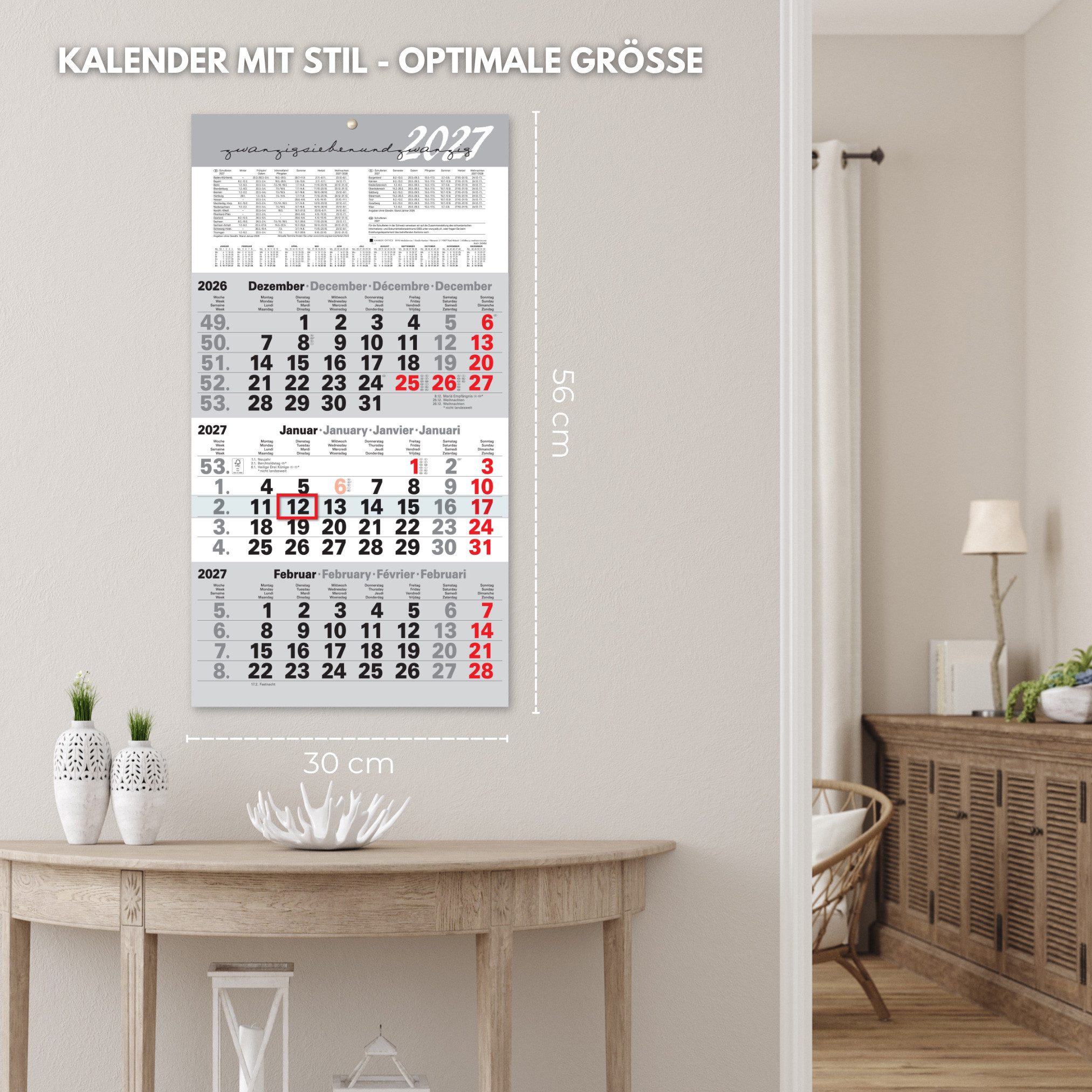 Kamber Office Wandkalender 3 Monatskalender 2027 mit Schieber Büro Kalender "Light Grey", Großer Kalender 2027, Dreimonatskalender 2027 groß mit Datumsschieber  – Bild 5 von 5