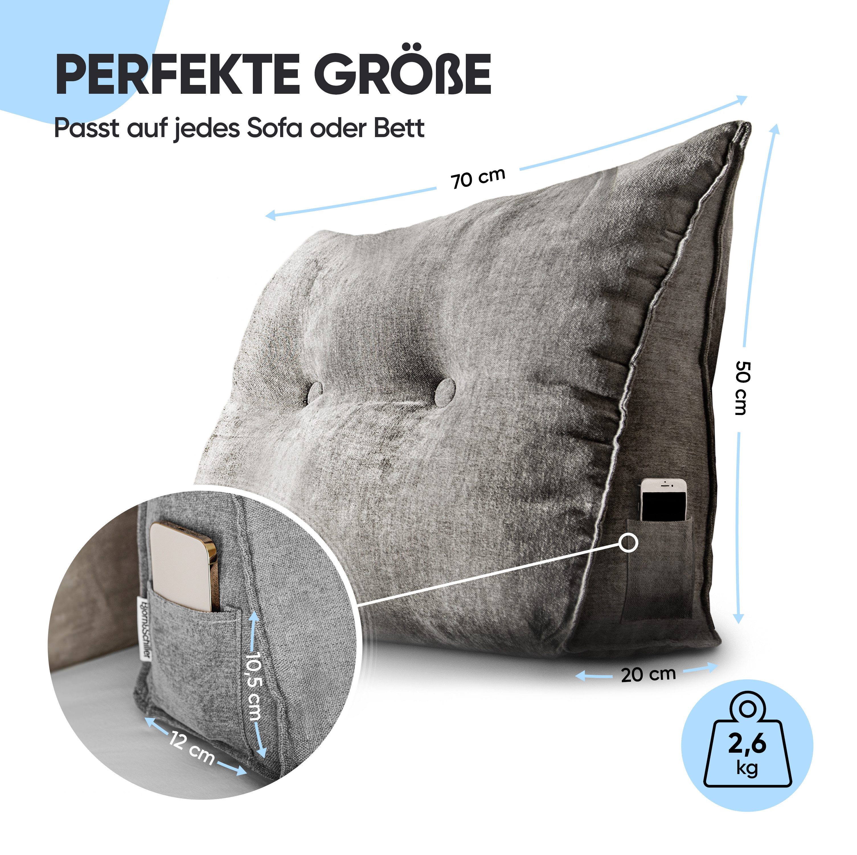 Björn&Schiller Rückenkissen Lesekissen für Bett und Sofa Keilkissen mit waschbarem Bezug, Ideal zum Anlehnen im Bett, grau, 70 cm lang