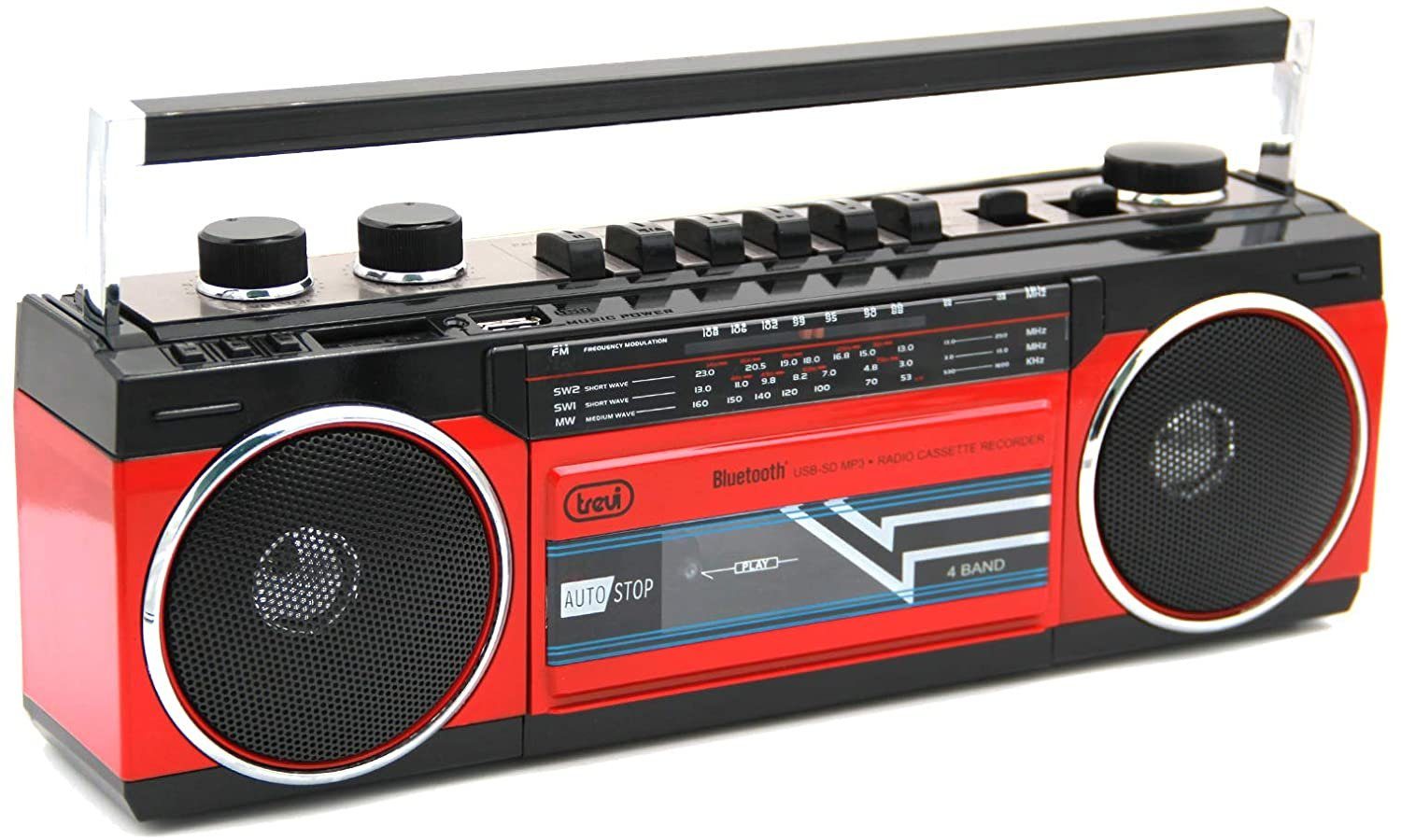 trevi RR 501 BK Rot Kassette, Radiorecorder USB Stick microSD-Karte Flash - Retro-Radio