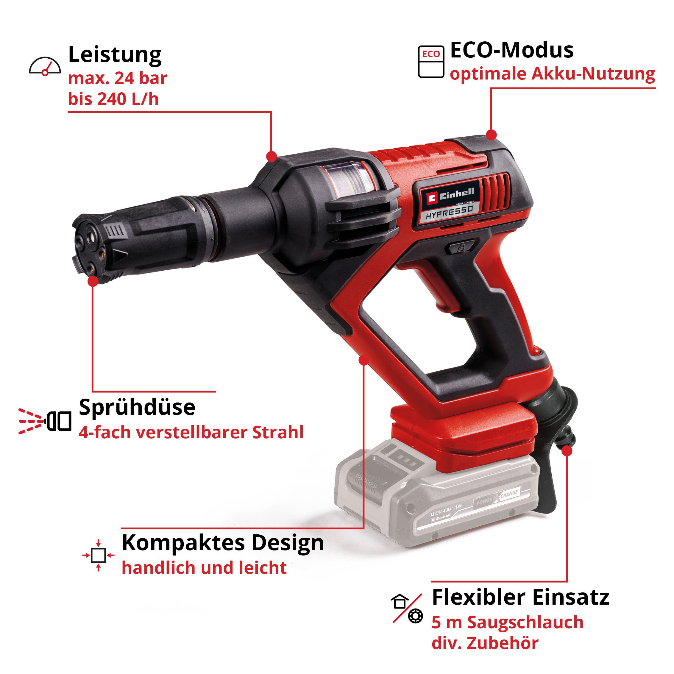 Einhell Akku-Druckreiniger Hypresso 18/24-1, Druck max: 24 bar, Fördermenge max: 240 l/h, inkl. Akku 18V/2,5Ah und Ladegerät