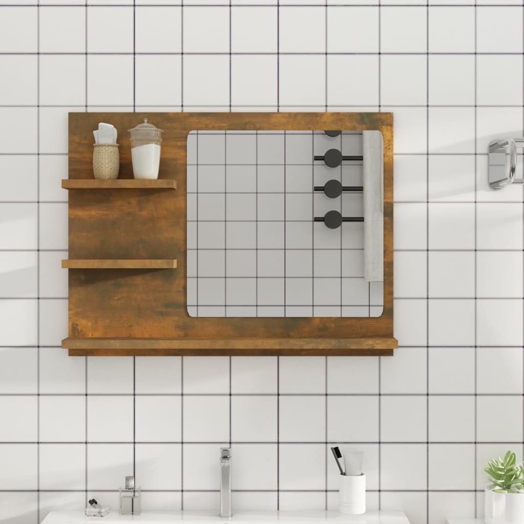 furnicato Wandspiegel Badspiegel mit 3 Ablagen 60 x 10,5 x 45 cm Räuchereiche (1-St), Stauraum-Schminkspiegel mit 3 Ablagen für dein Badezimmer