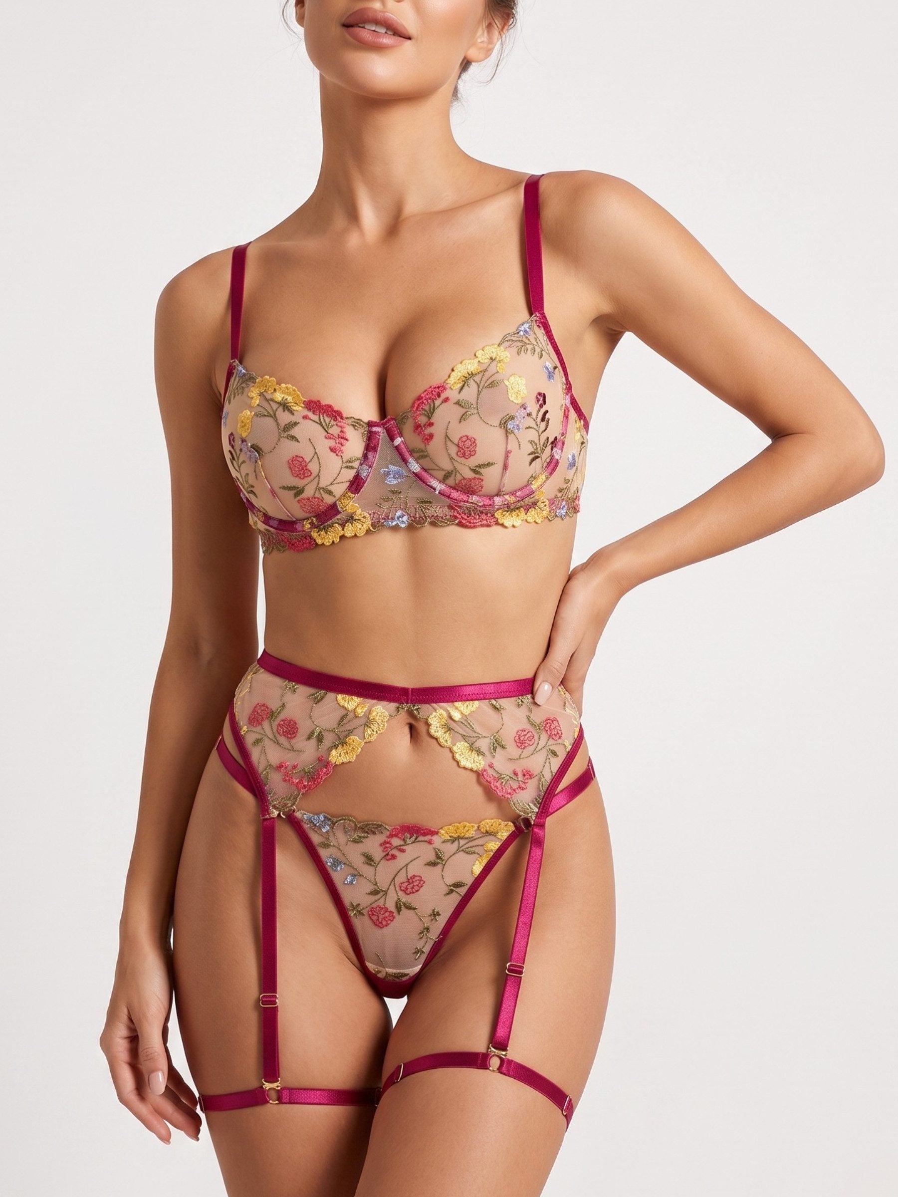 Elegant Love Set: Bügel-BH bestickertes Dessous-Set, BH-Set mit Strumpfhalter (Set, 5-tlg., Spitze Bralette BH + G-String Tanga + Strumpfgürtel) Unterwäsche-Set für Damen, sinnliche Reizwäsche