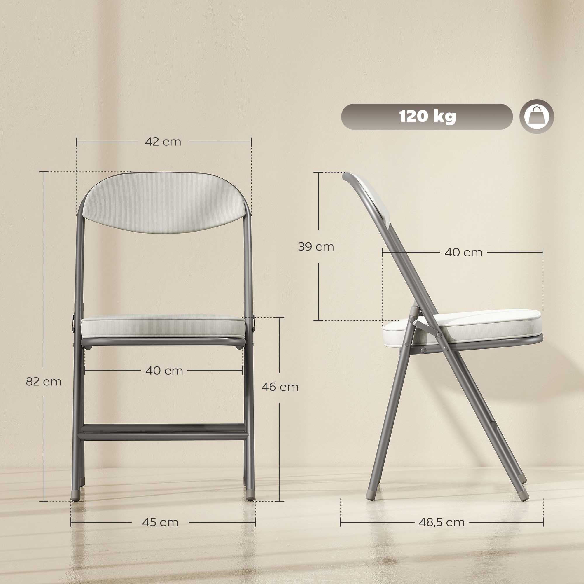 HOMCOM Klappstuhl mit Gepolsteter, Rückenlehne, Stahlrahmen, Polster (4er Set Campingstuhl, 4 St), bis 120 kg belastbar für Gäste, Büro, Camping, Cremeweiß