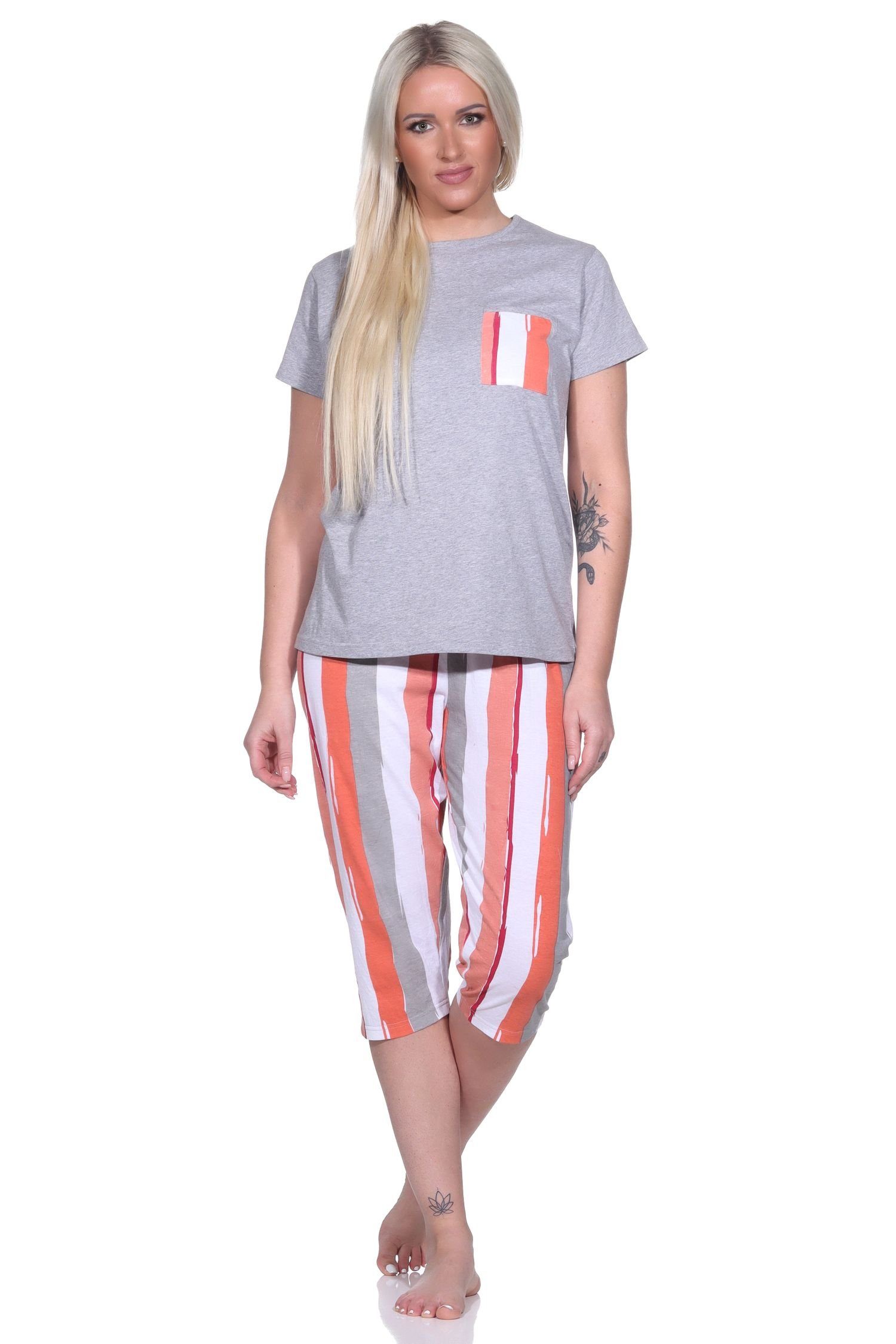 Normann Pyjama Damen Capri mit und lässigem T-Shirt Schlafanzug Design 3/4 Hose grau