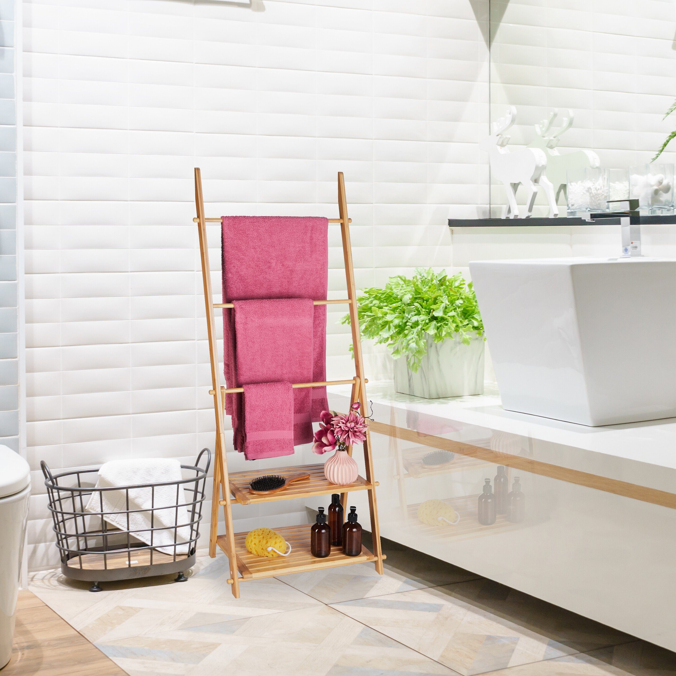 relaxdays Handtuchhalter Handtuchleiter mit 2 Ablagen günstig online kaufen