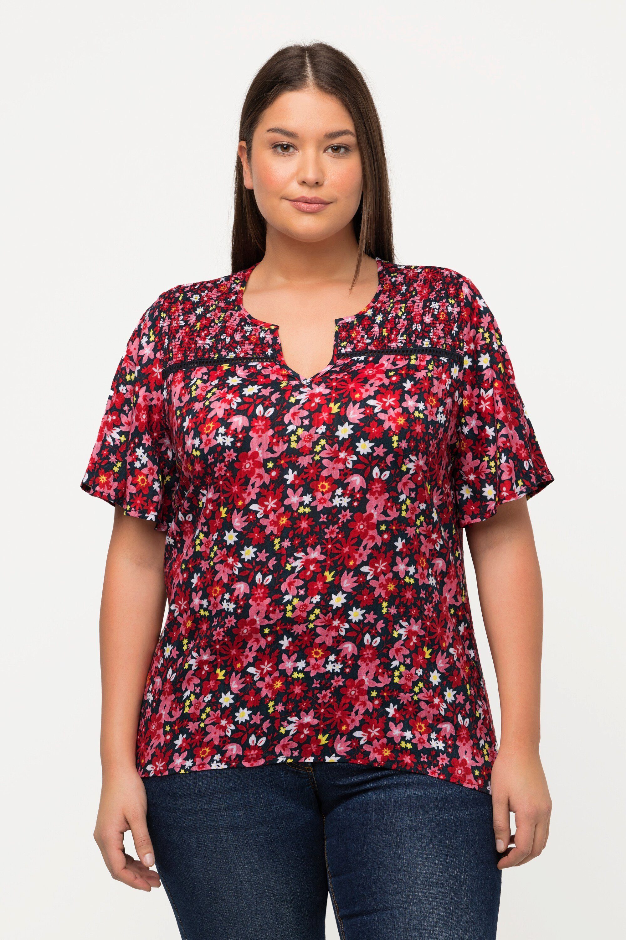 Ulla Popken Longbluse Smok-Bluse Blüten A-Linie Tunika-Ausschnitt