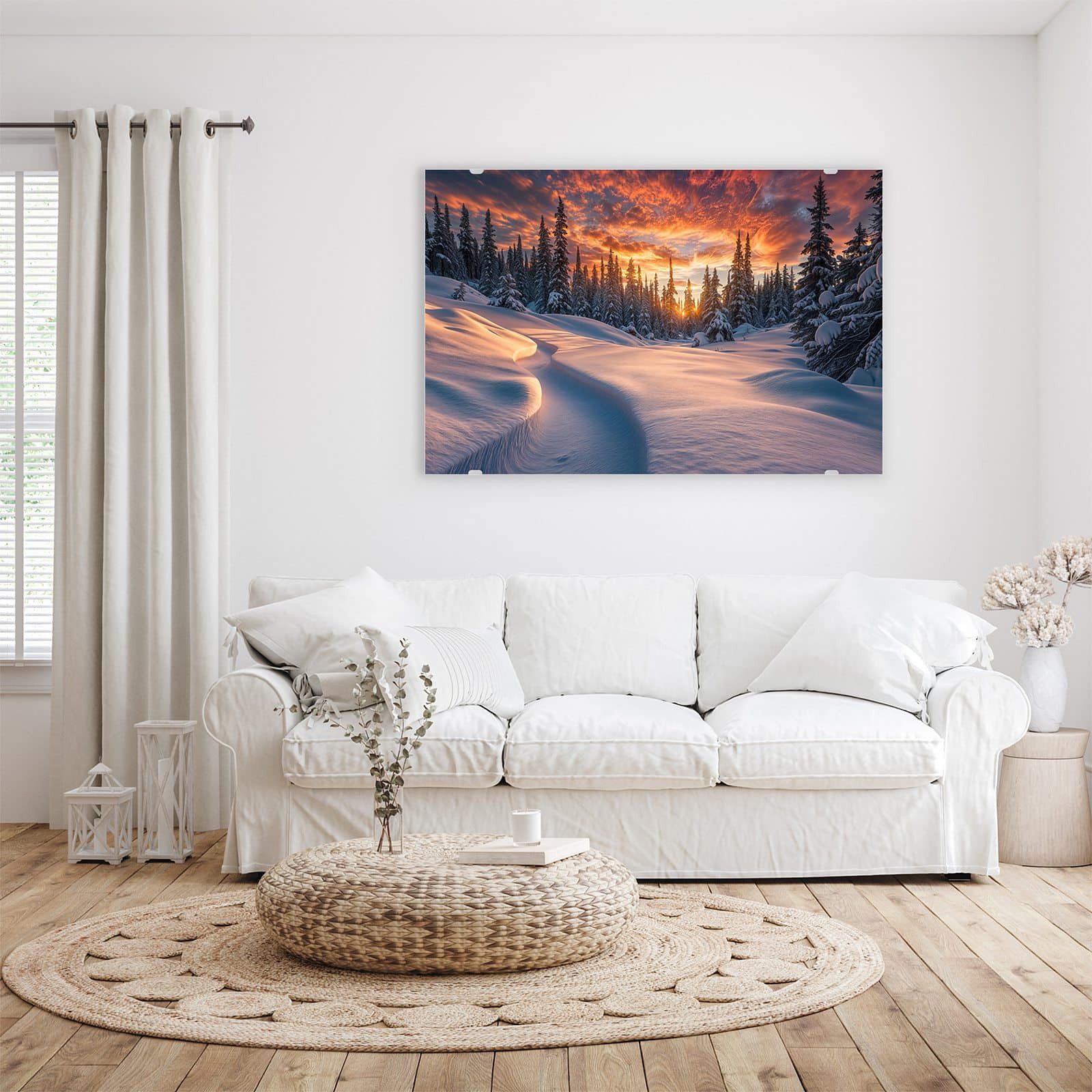 Primedeco Glasbild Wandbild Winterlandschaft Sonne mit Aufhängung, Jahreszeiten (21 verschiedene Größen, 1 St), Elegante Aufhängung