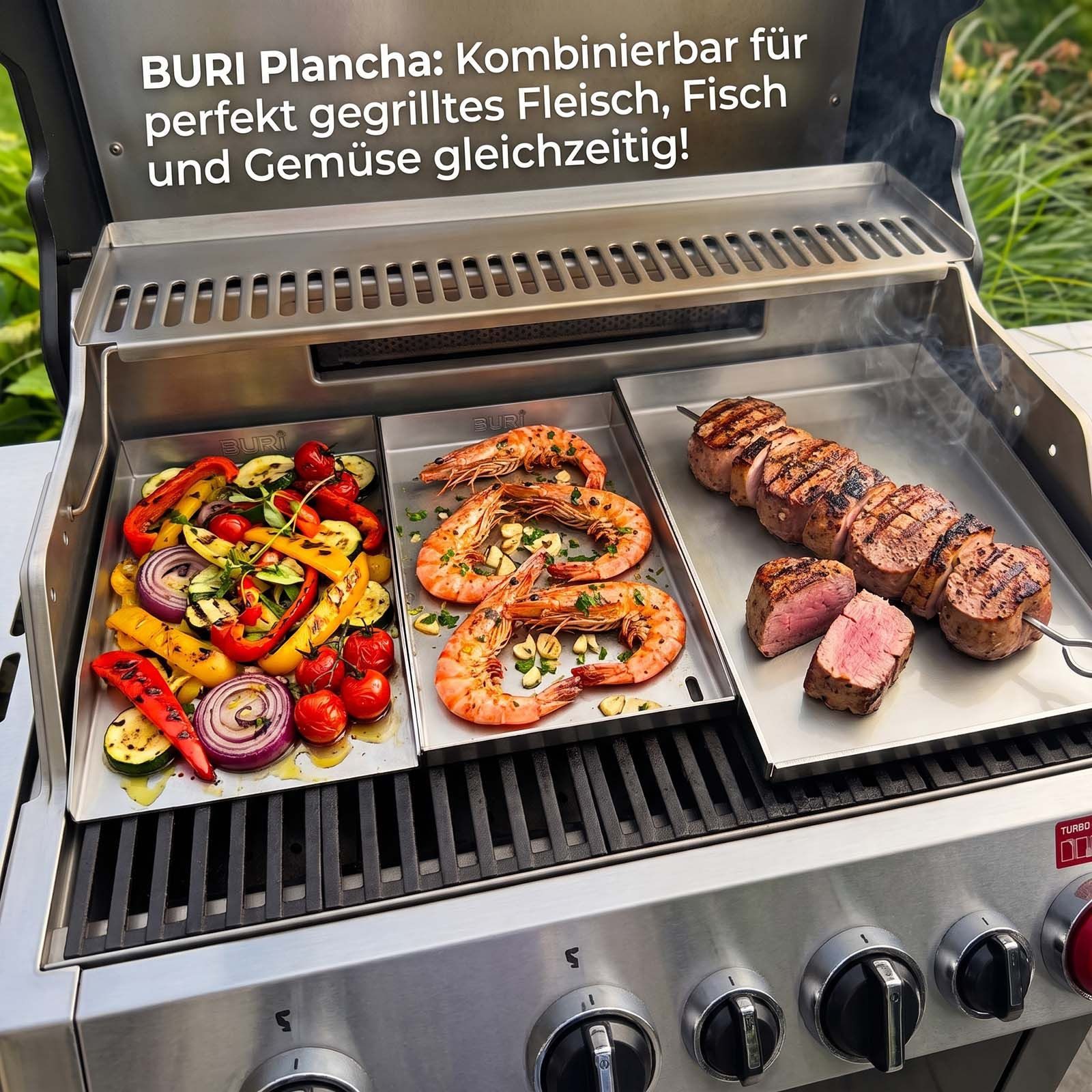 BURI Grillplatte Plancha Grillplatte 30x20cm Edelstahl 2 mm mit offener Vorderseite BBQ – Bild 5 von 5