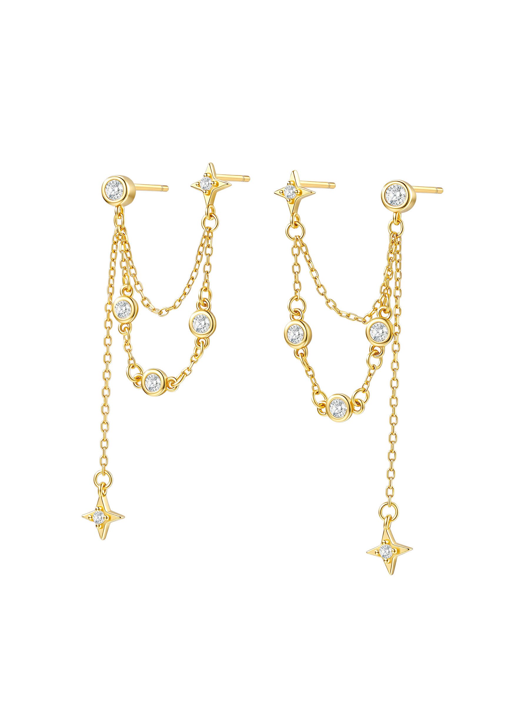 Hey Happiness Paar Ohrhänger 925 Silber – Doppel Ketten Ohrstecker für 2 Ohrlöcher, filigrane Sternen-Ohrringe mit Zirkonia in Gold, Rosegold & Silber