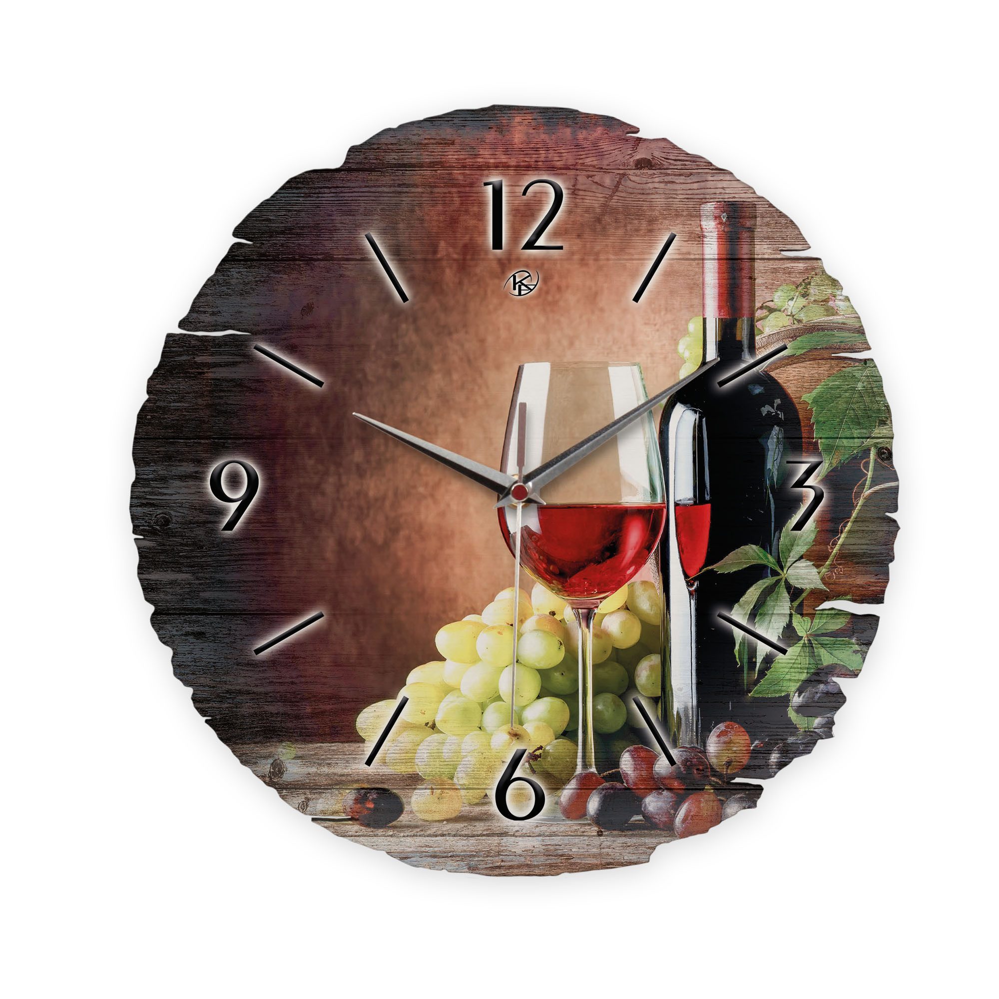 Kreative Feder Wanduhr Wanduhr "Wein & Trauben" aus Naturholz (ohne Ticken; Funk- oder Quarzuhrwerk; ⌀ 30cm; außergewöhnlich)