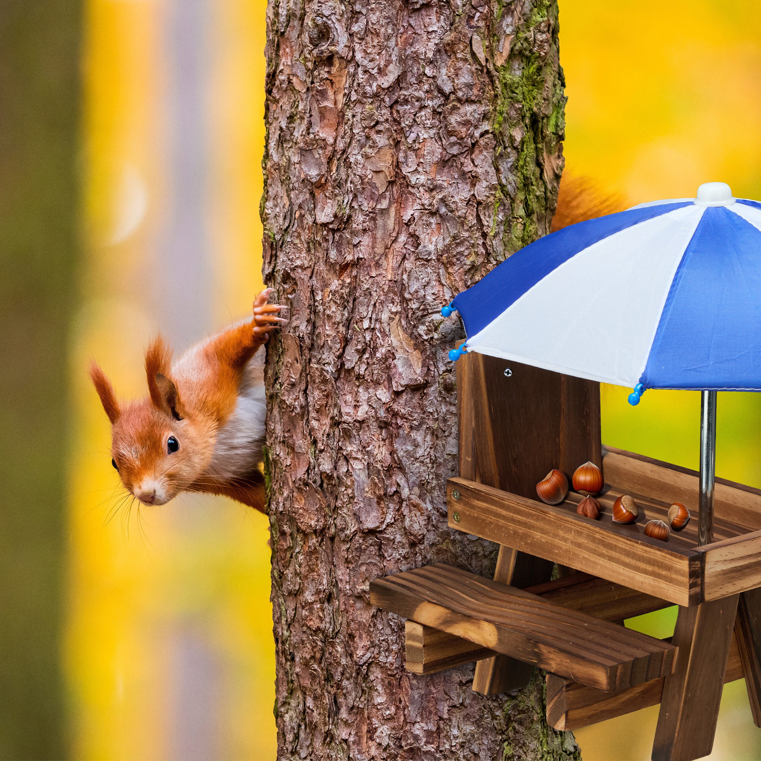 relaxdays Futterspender Eichhörnchen Tisch mit 2 Schirmen, dunkelbraun