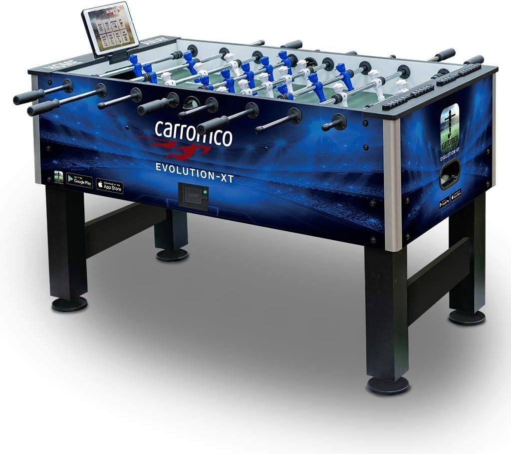 Carromco Kickertisch Evolution-XT – Profi Tischkicker mit interaktiver App & Tablet-Halter, Tischfussball in Blau für fortgeschrittene Spieler