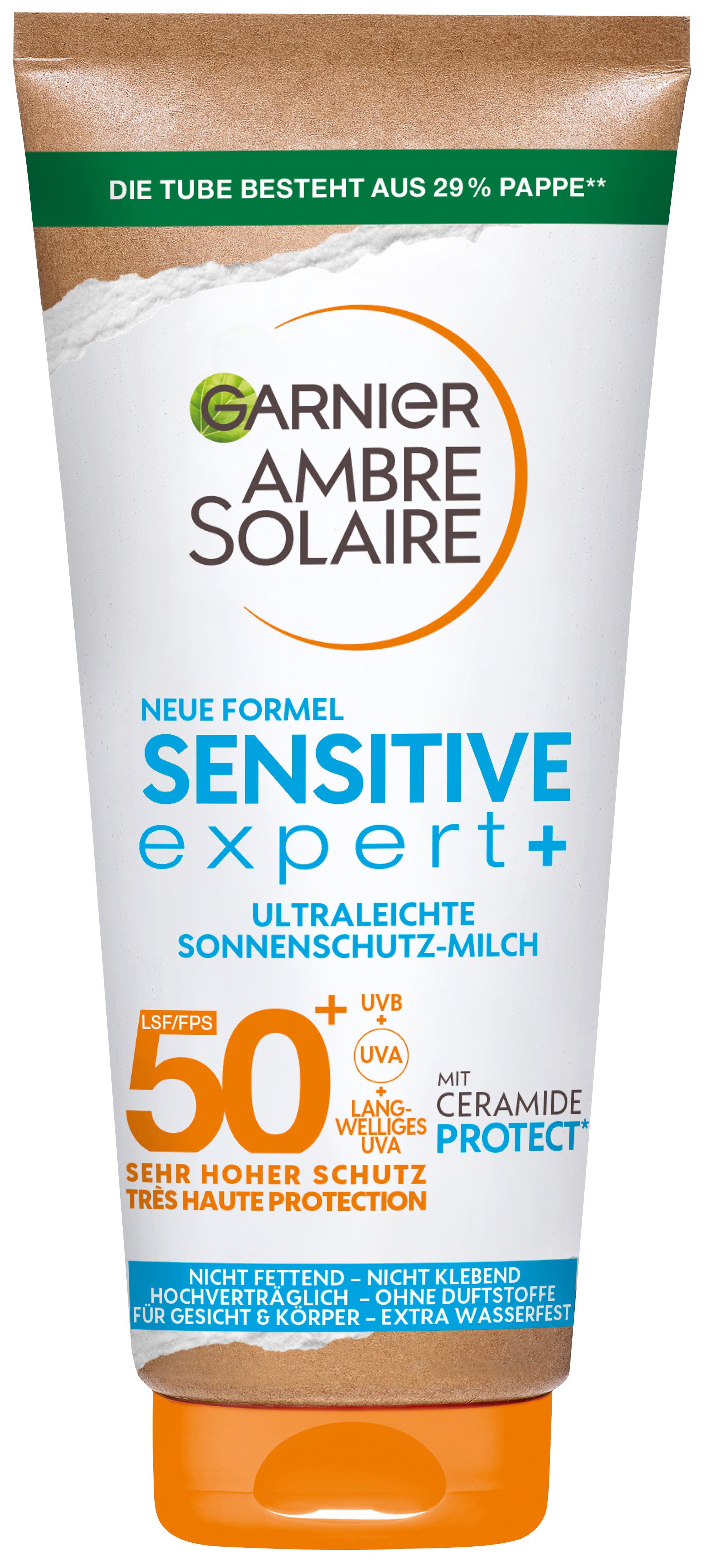 GARNIER Sonnenschutzmilch AMBRE SOLAIRE SENSITVE EXPERT+ LSF50+, schützt, zieht schnell ein, keine Rückstände