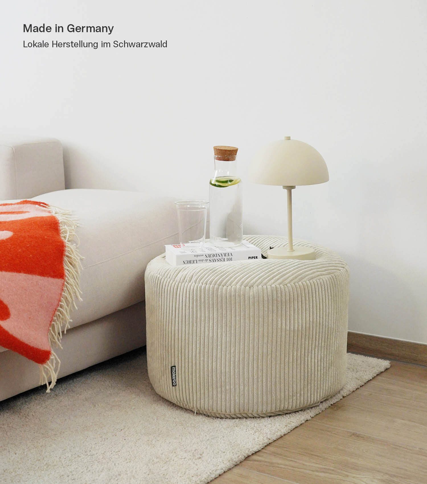 mokebo Pouf Der faule Lenz (rund und aus Cordstoff), Sitz-Hocker, Bodenkissen, Fußhocker, Hocker, Sitzkissen in Beige