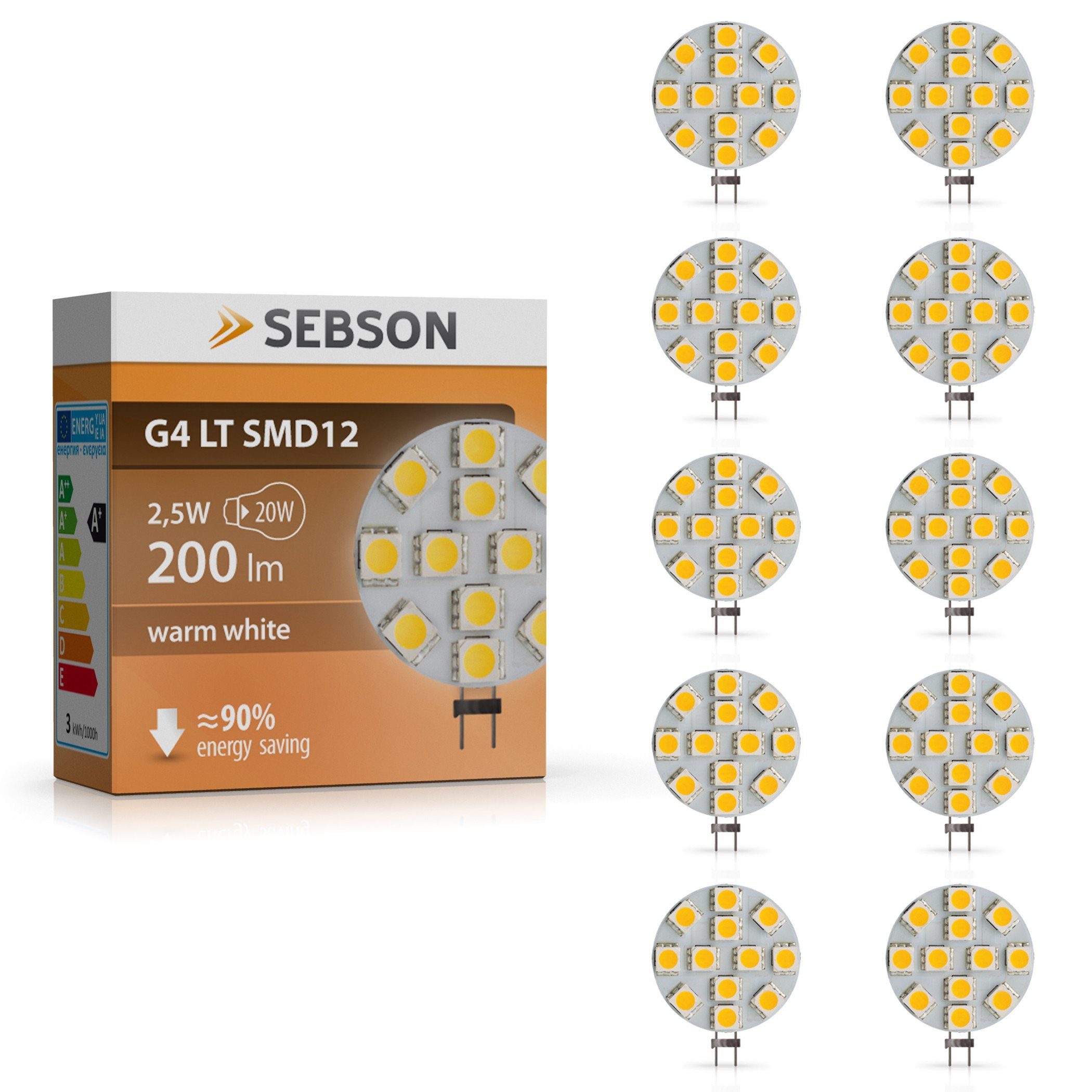 SEBSON LED-Leuchtmittel LED Lampe G4 GU4 10er Leuchtmittel 3W Pack Stiftsockel warmweiß 12V 