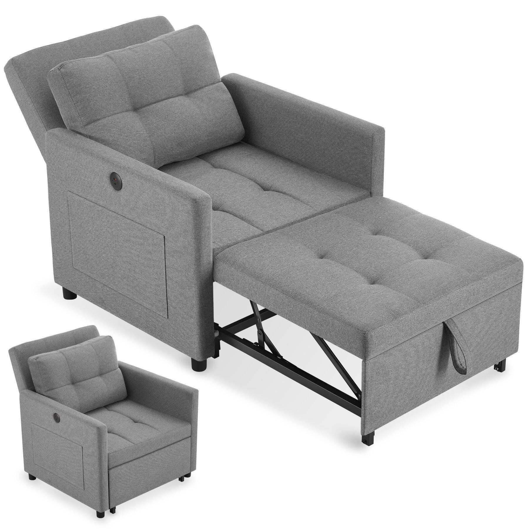 tectake Relaxsessel 3in1 Funktionssessel mit 6-fach verstellbarer Rückenlehne (Schlafsessel Mit Liegefunktion Toyama, in Grau), Stahlgestell, 2 große Seitentaschen, Belastbarkeit bis 150 kg