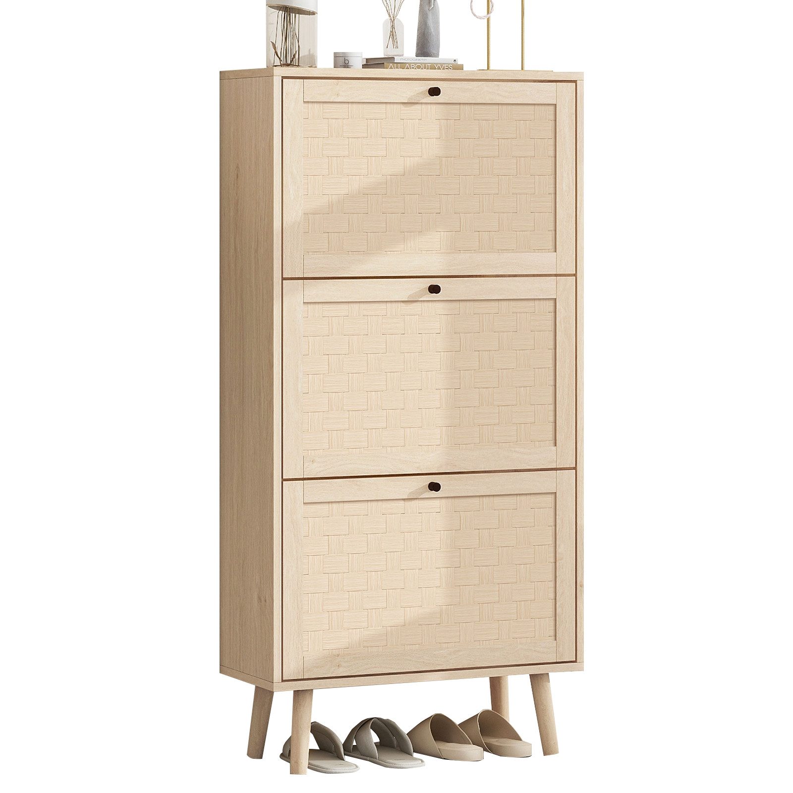 Yorbay Schuhschrank Schuhschrank mit 3 Klappen, 4 Füßen, im Bohemian-Stil, 60x24x121cm (Schuhkipper Schuhorganizer, mit verschlungenem Streifendesign) Mit verstellbarer Trennwand für verschiedene Schuhtypen, für Flure