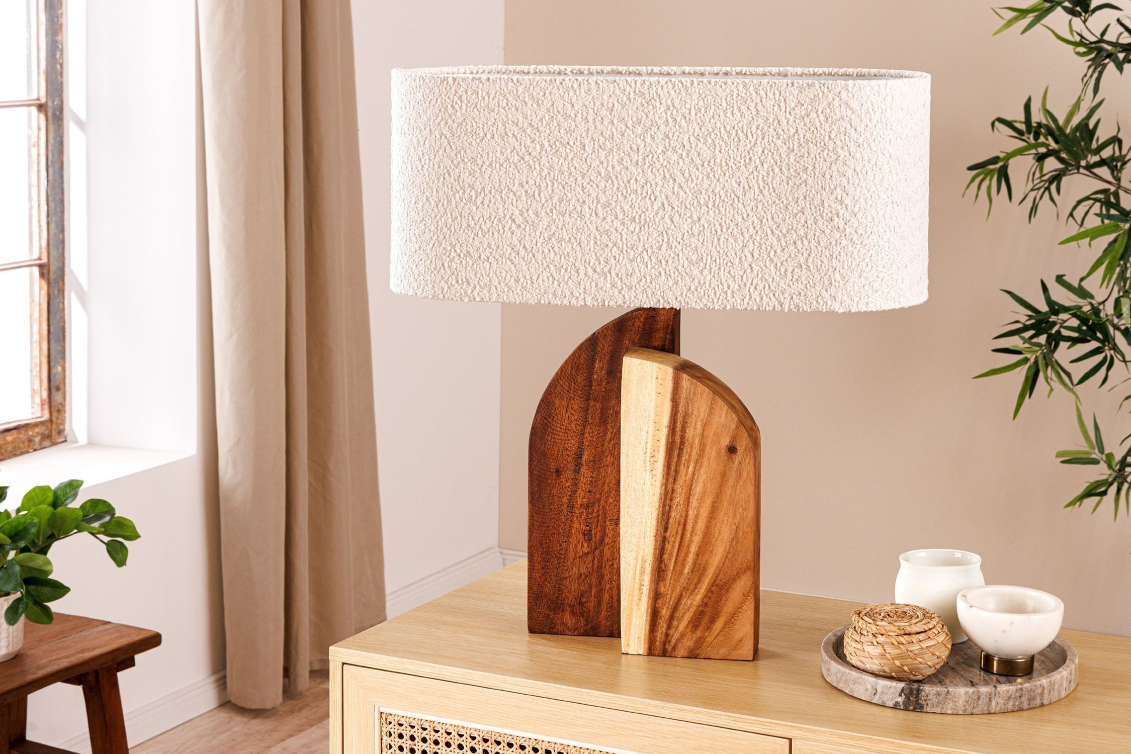 Licht-Erlebnisse Nachttischlampe RIANO, ohne Leuchtmittel, Holz Stoff 60 cm hoch wohnlich Natur Weiß Modern E27