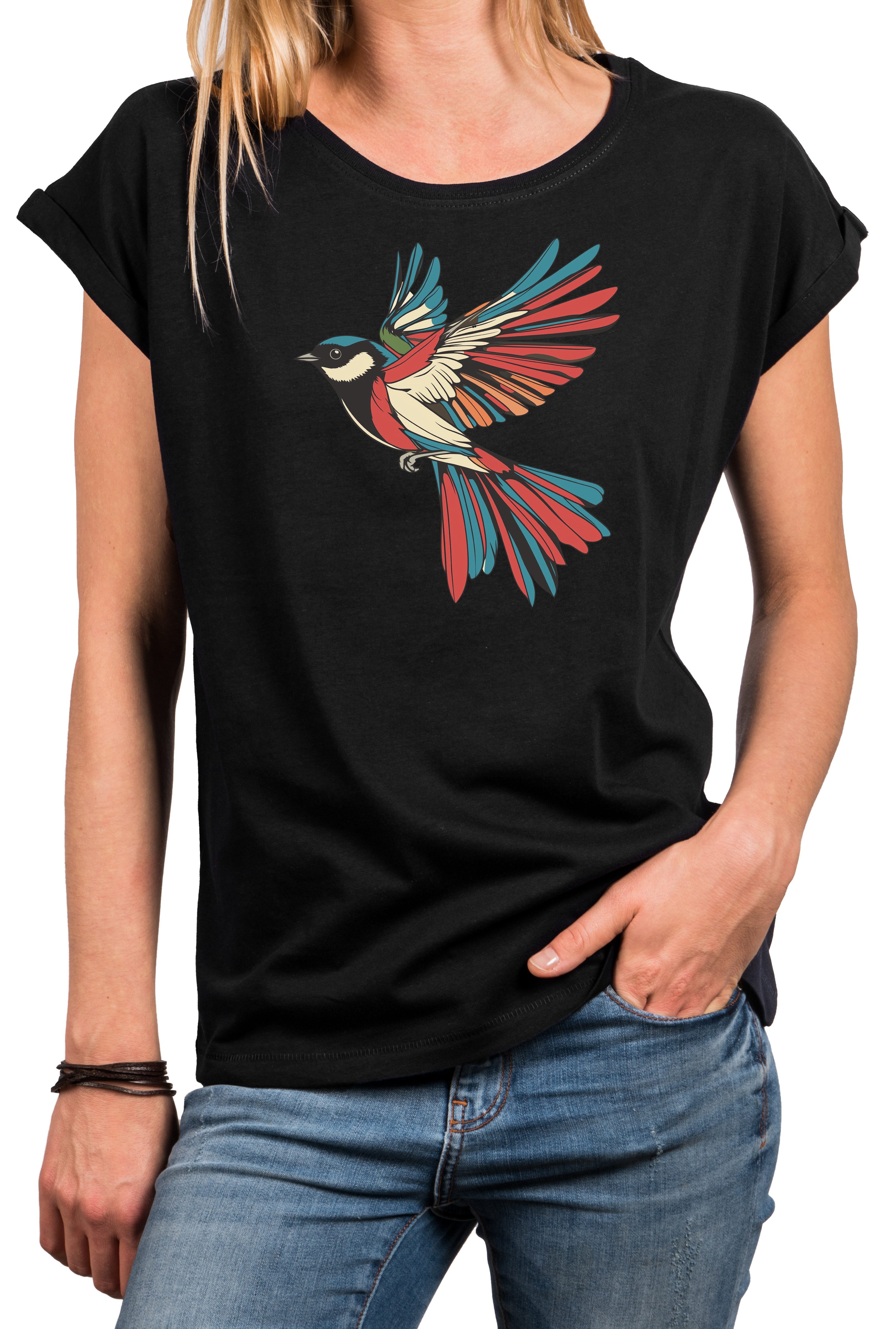 MAKAYA Kurzarmshirt für Frauen mit Vogel günstig online kaufen
