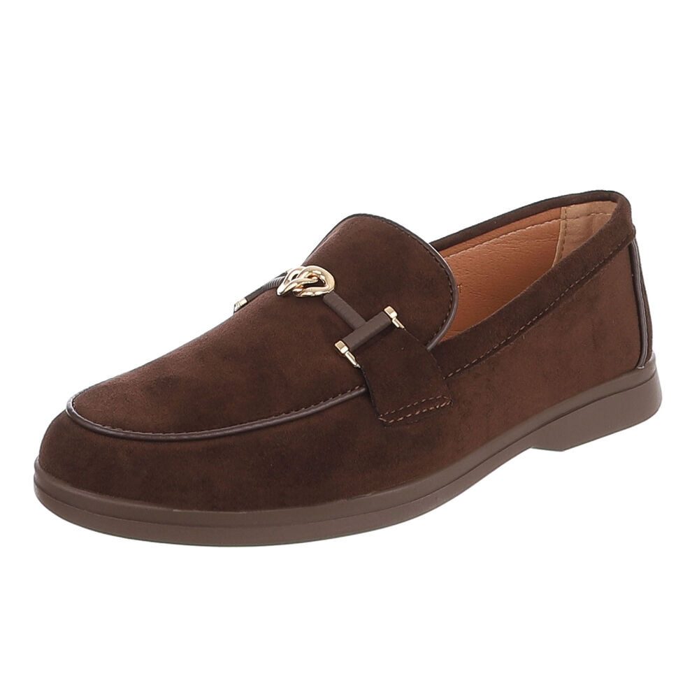 Ital-Design Damen Loafer mit Zierkette und Schlupfeinstieg Slipper (92078733) Blockabsatz Mokassins in Braun