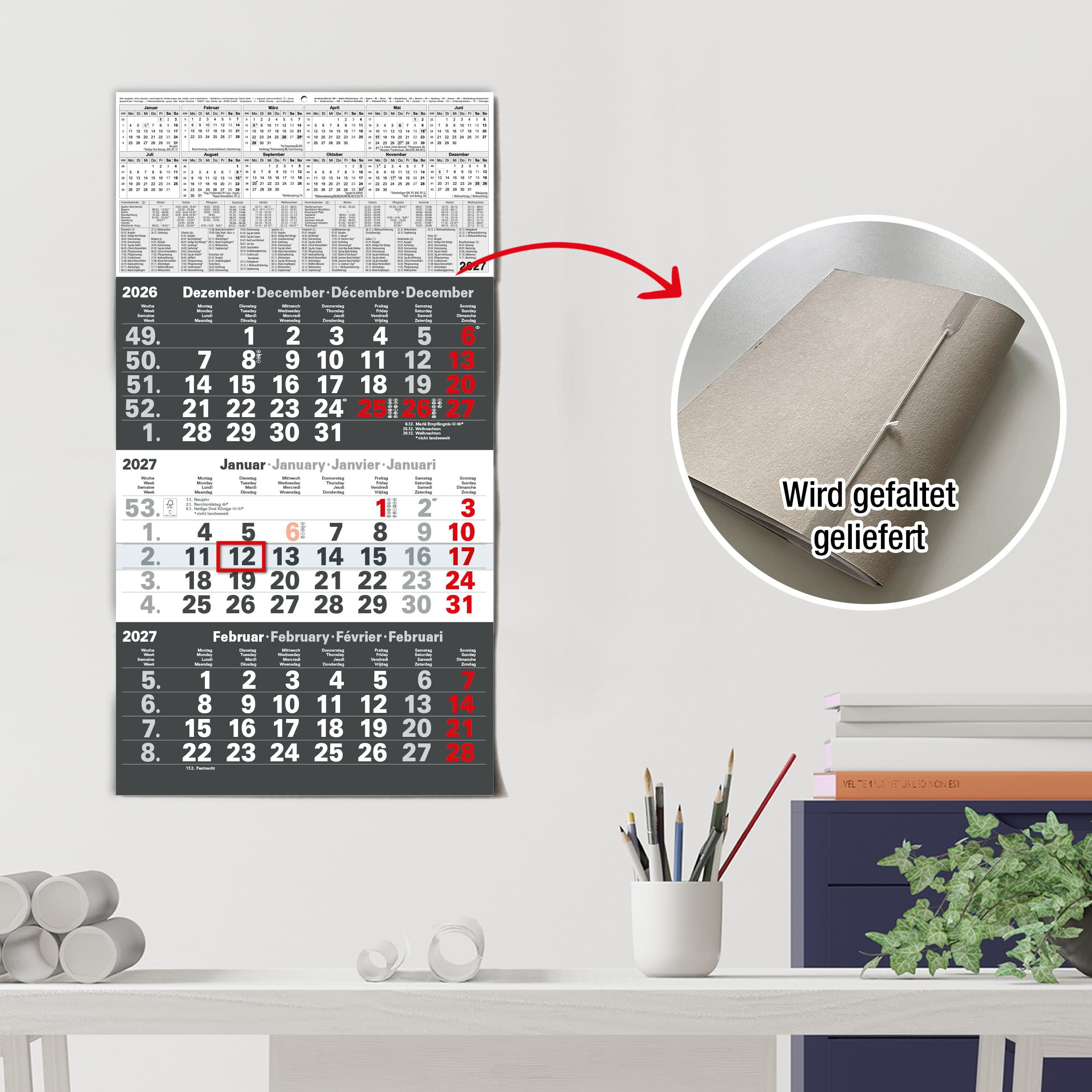 TOBJA Wandkalender 3 Monatskalender 2027 Anthrazit mit Datumsschieber 30x56 FSC, Anthrazit, Datumsschieber, Schulferien DE+AT, 4-sprachig, FSC – Bild 4 von 5