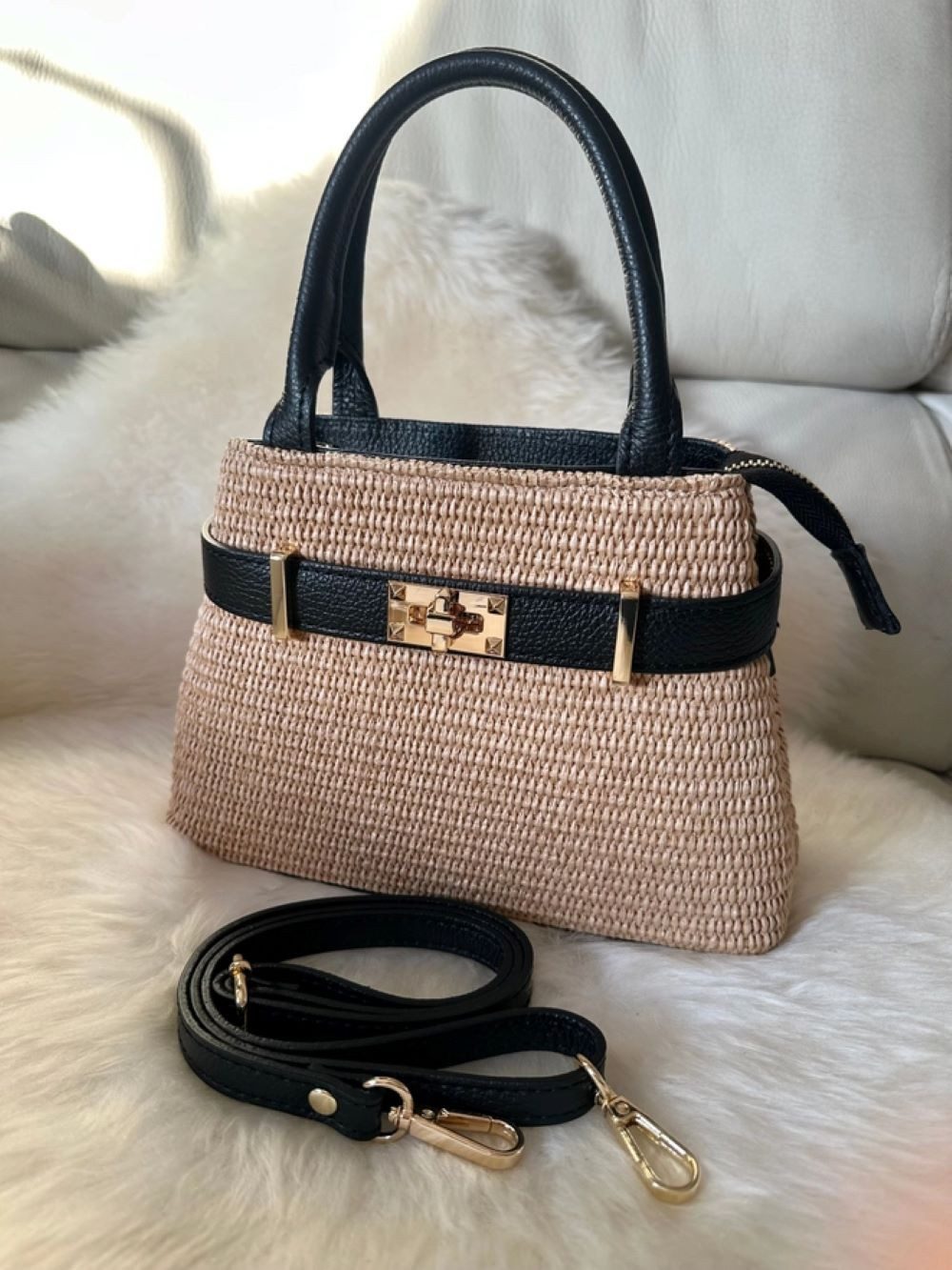 Goodman Design Schultertasche Italienische Handtasche aus Echtleder und Raffia, Mit hochwertiger Verschluss für stilvolle Sicherheit