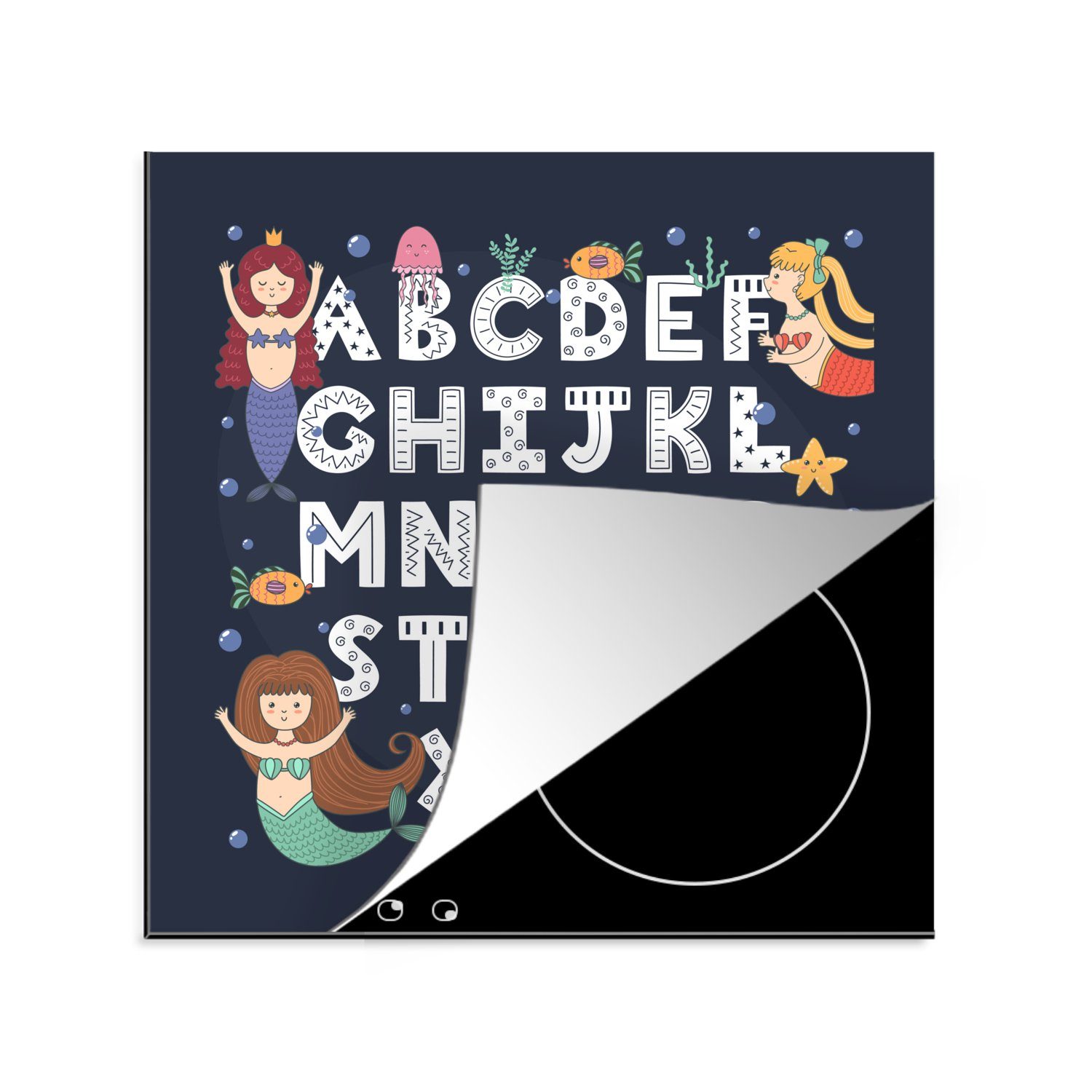 MuchoWow Herdblende-/Abdeckplatte Illustration Alphabet mit Meerjungfrauen auf einem dunklen Hintergrund, Vinyl, (1 tlg), 78x78 cm, Ceranfeldabdeckung, Arbeitsplatte für küche