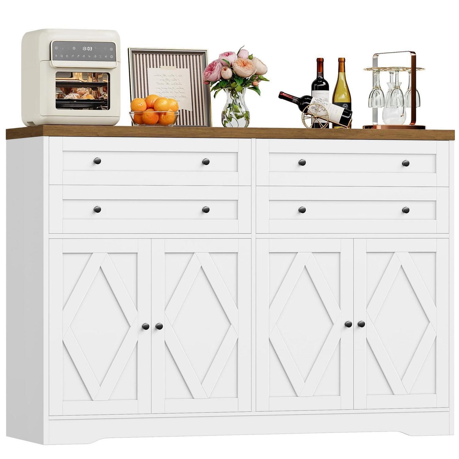 LuxusKollektion Küchenbuffet Sideboard Küchenschrank 4 Schubladen 4 Türen 2 Regale Weiß Braun