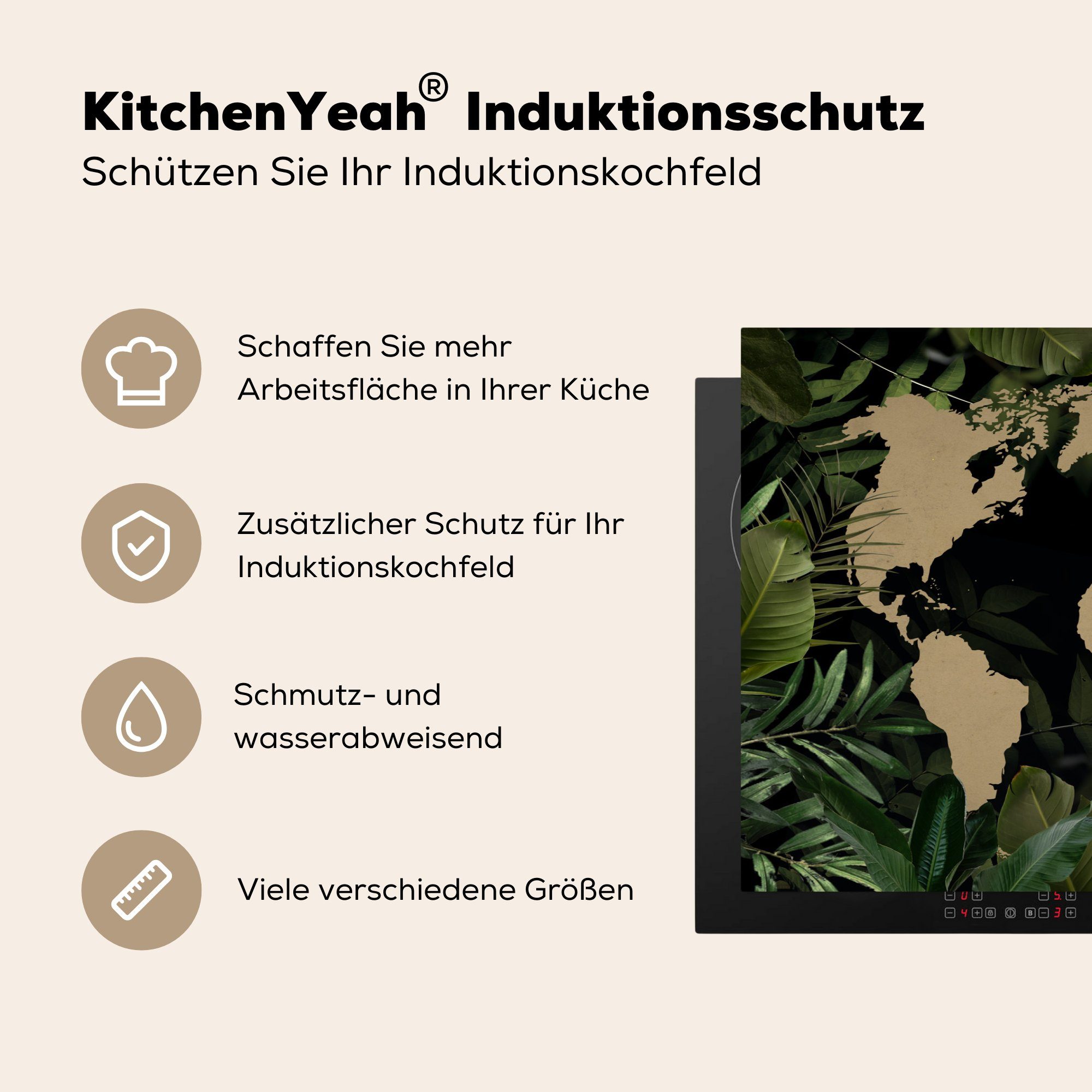 MuchoWow Herdblende-/Abdeckplatte Weltkarte - tlg), küche, Schutz 81x52 (1 Ceranfeldabdeckung Induktionskochfeld - Blätter Braun, die cm, für Vinyl