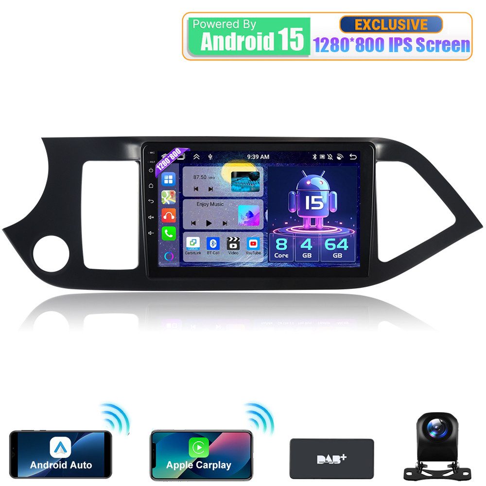 A-Sure 9" 4+64G Android 15 Carplay WiFi GPS Navi Für KIA PICANTO TA 2011-2016 Autoradio (Digitalradio (DAB), FM, AM, 1280*800 IPS Screen/8-Core CPU)