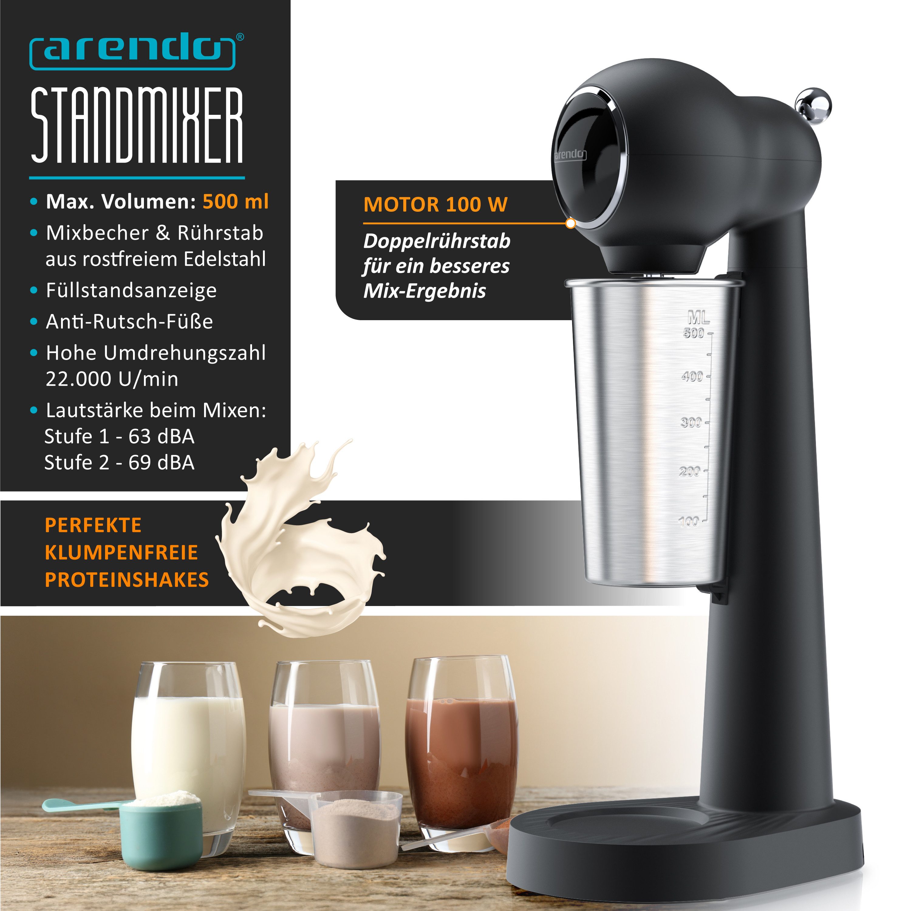 Arendo Standmixer 22.000 U/min, 100 W, 2 Stufen, Edelstahlbecher 500 ml, 100 W, Doppelrührstab, Sicherheitsschalter, Anti-Rutsch-Füße, GS-zertifiziert