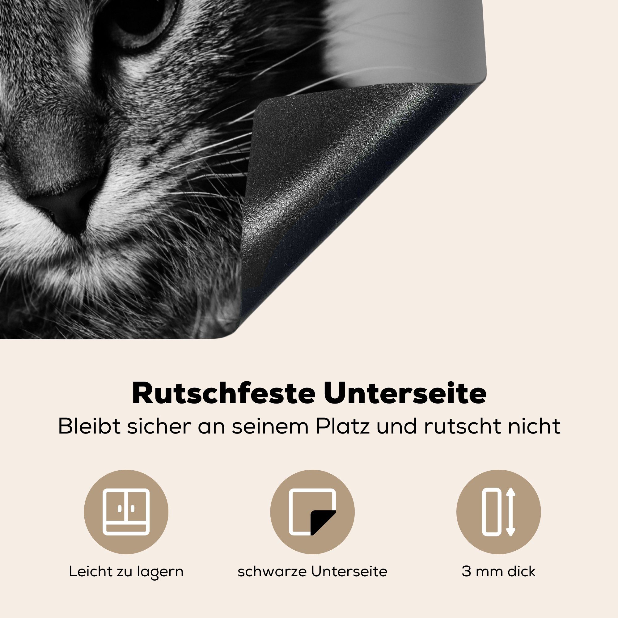 MuchoWow nutzbar, - (1 60x52 Herdblende-/Abdeckplatte tlg), cm, Vinyl, - Ceranfeldabdeckung Porträt Katze Arbeitsfläche Schwarz Weiß, - Mobile
