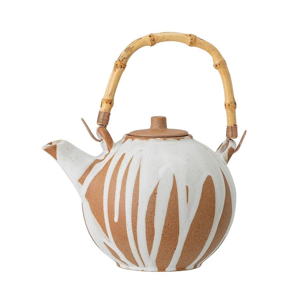 Bloomingville Teekanne Iris Teapot w/Teastrainer, White, Stoneware, 800ml,  mit Teesieb und Bambusgriff, Steingut dänisches Design, weiß/braun