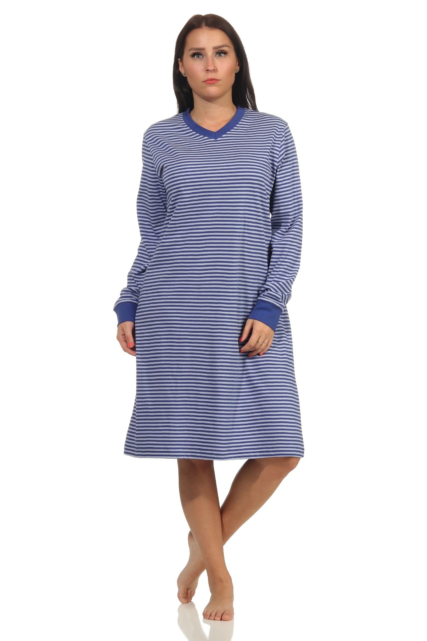 Normann Nachthemd Edles Damen Nachthemd langarm mit Bündchen in Streifenoptik - 212 302 blau