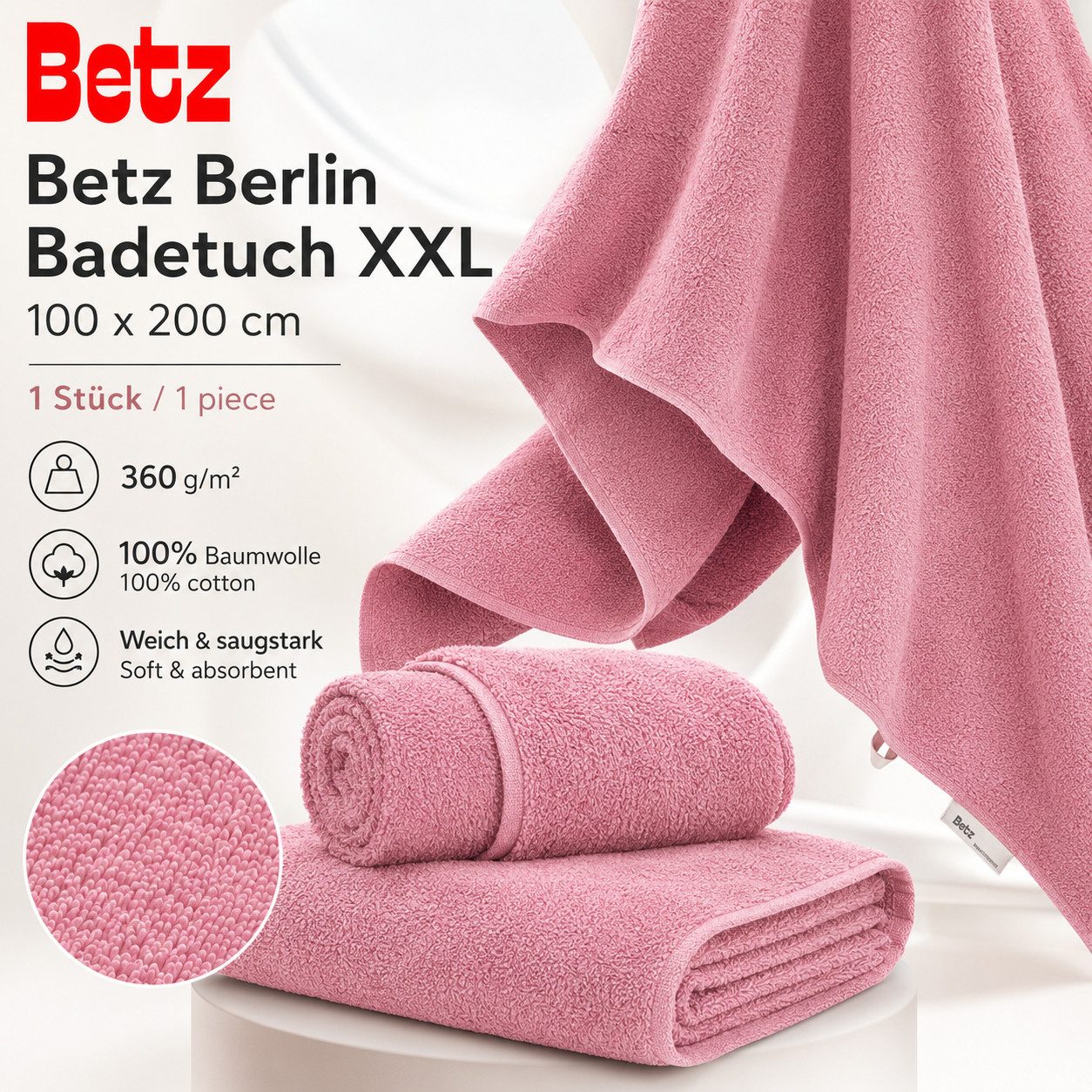 Betz Badetuch Berlin Größe 100 x 200 cm Saunatuch & Strandtuch 360 g/m², 100% Baumwolle (1 Stück, 1-St), saugstark & weich – großes Handtuch mit Aufhänger – Serie Berlin