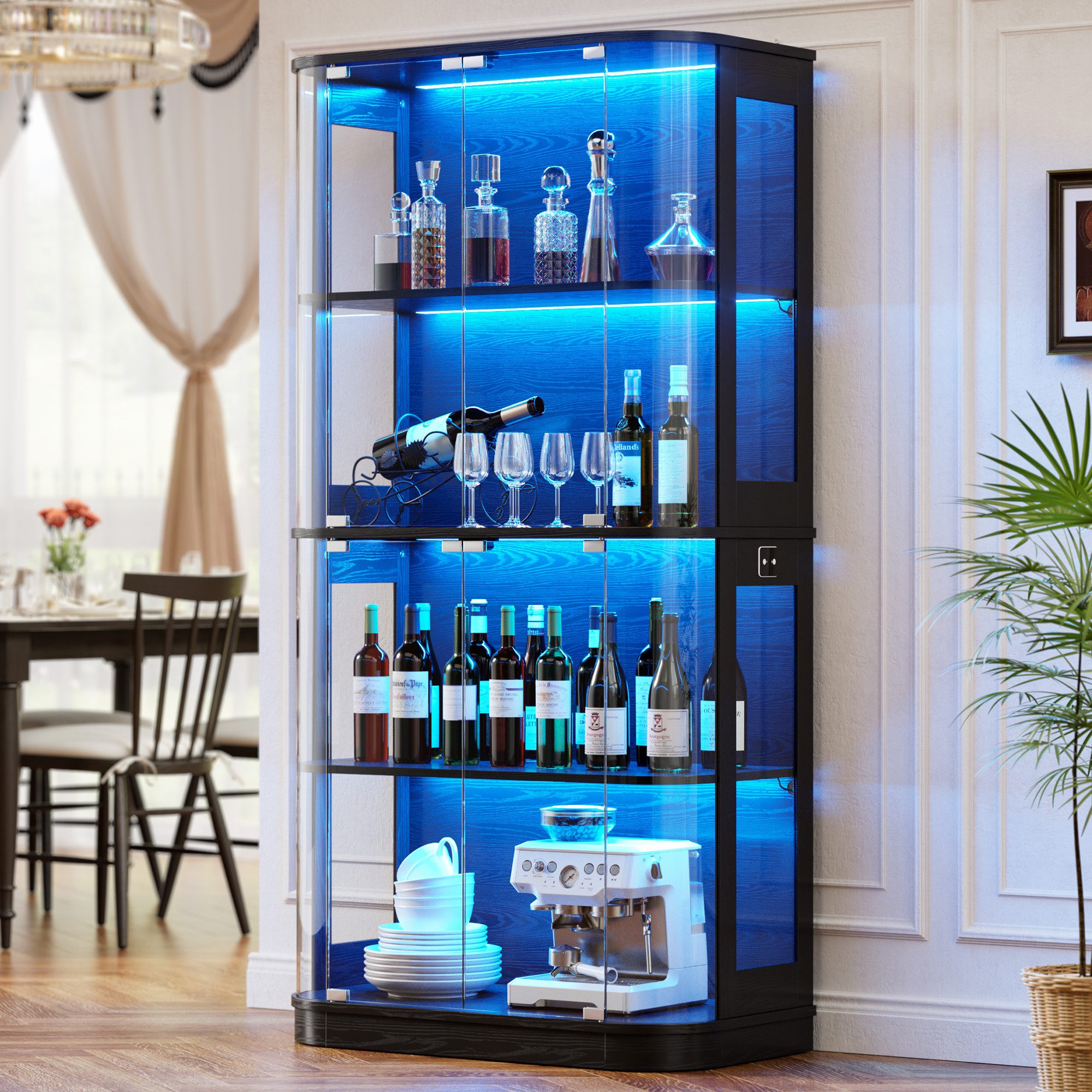 TWSOUL Moderne Standvitrine mit LED-Beleuchtung und abgerundeten Seiten 170x80 cm, mit Bewegungssensor für Wohnzimmer & Sammlungen