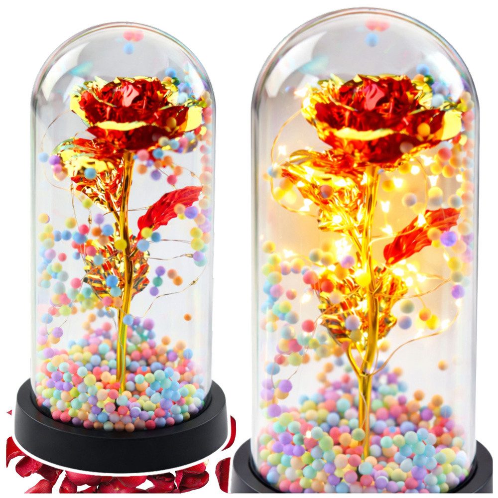 LEAN TOYS LED Dekolicht Rosenleuchte Glasglocke Stimmungslicht, LED-Beleuchtung, LED, warmweiß, 20 LEDs warmweiß, Glasglocke, Geschenkbox