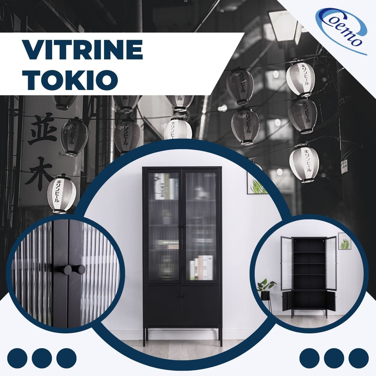 Coemo Standvitrine TOKIO Schwarz Vitrinenschrank Glastüren Metalltüren Vitrine modern H: 180 cm – Bild 5 von 5