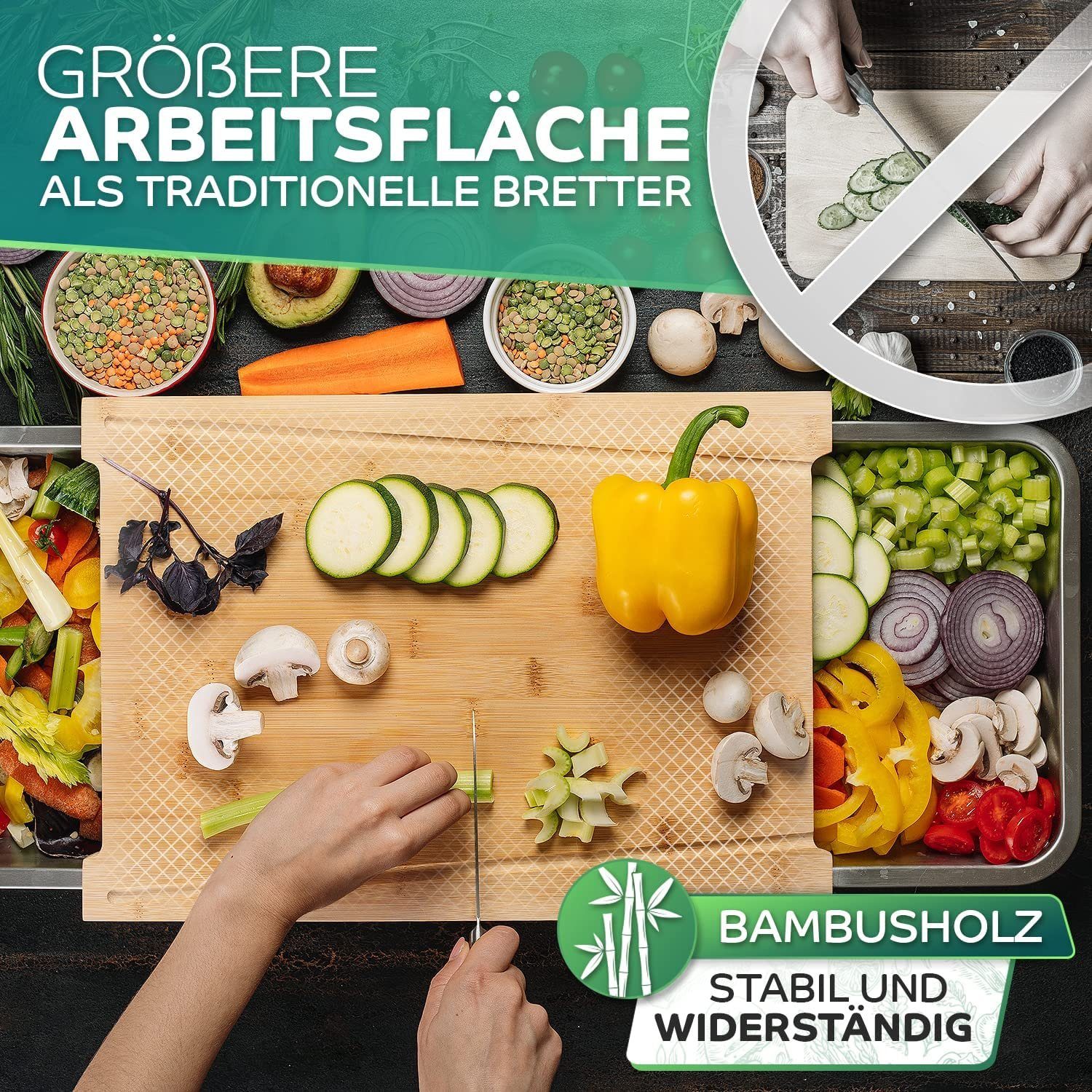 Loco Bird Schneidebrett mit Auffangschalen - 43x30x7cm groß -, Bambus, (Küchenbrett aus Bambus, 1-St., mit 2 Schalen aus Edelstahl), Ideales Küchenhelfer Gadget – Bild 2 von 5
