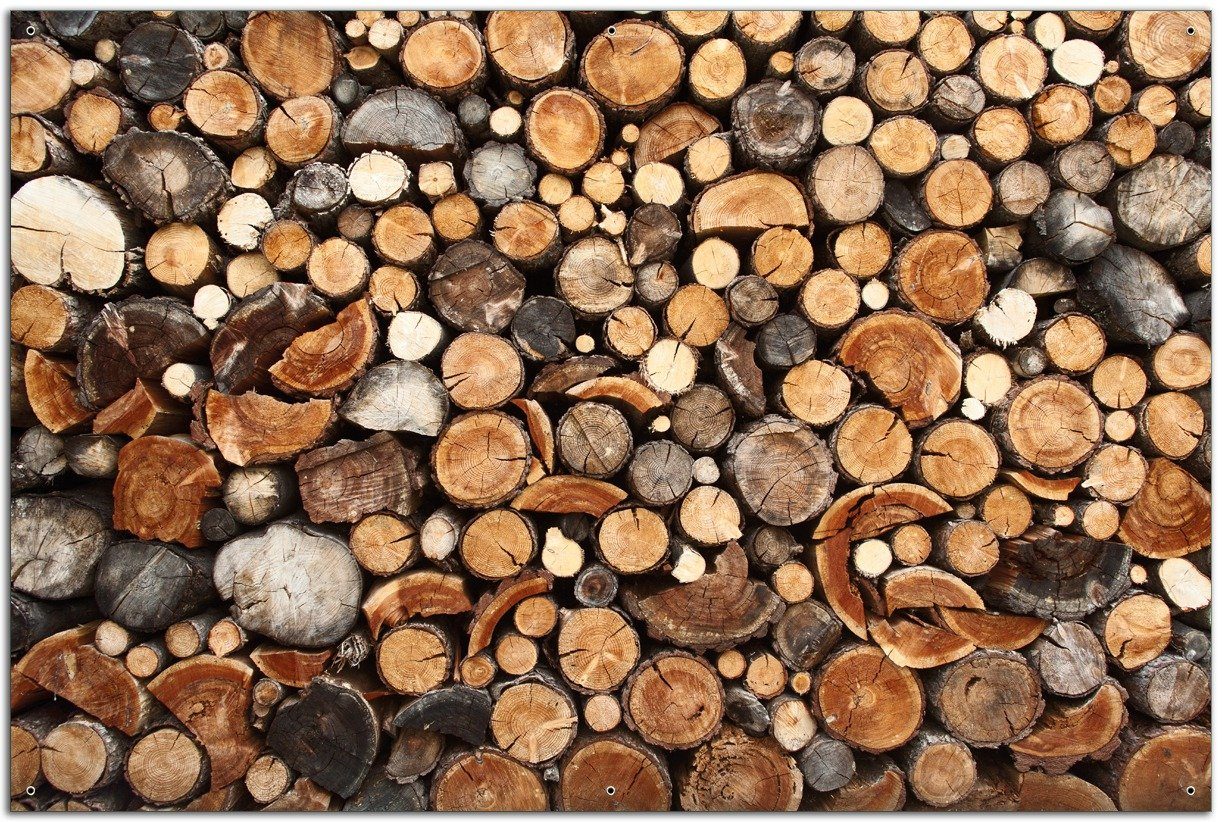 Wallario Sichtschutzzaunmatten Dunkler Holzstapel rund