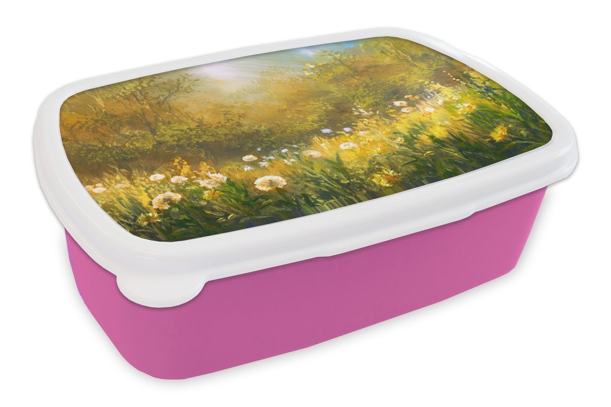 MuchoWow Lunchbox Blumen - Sommer - Aquarell, Kunststoff, (2-tlg), Brotbox für Erwachsene, Brotdose Kinder, Snackbox, Mädchen, Kunststoff rosa