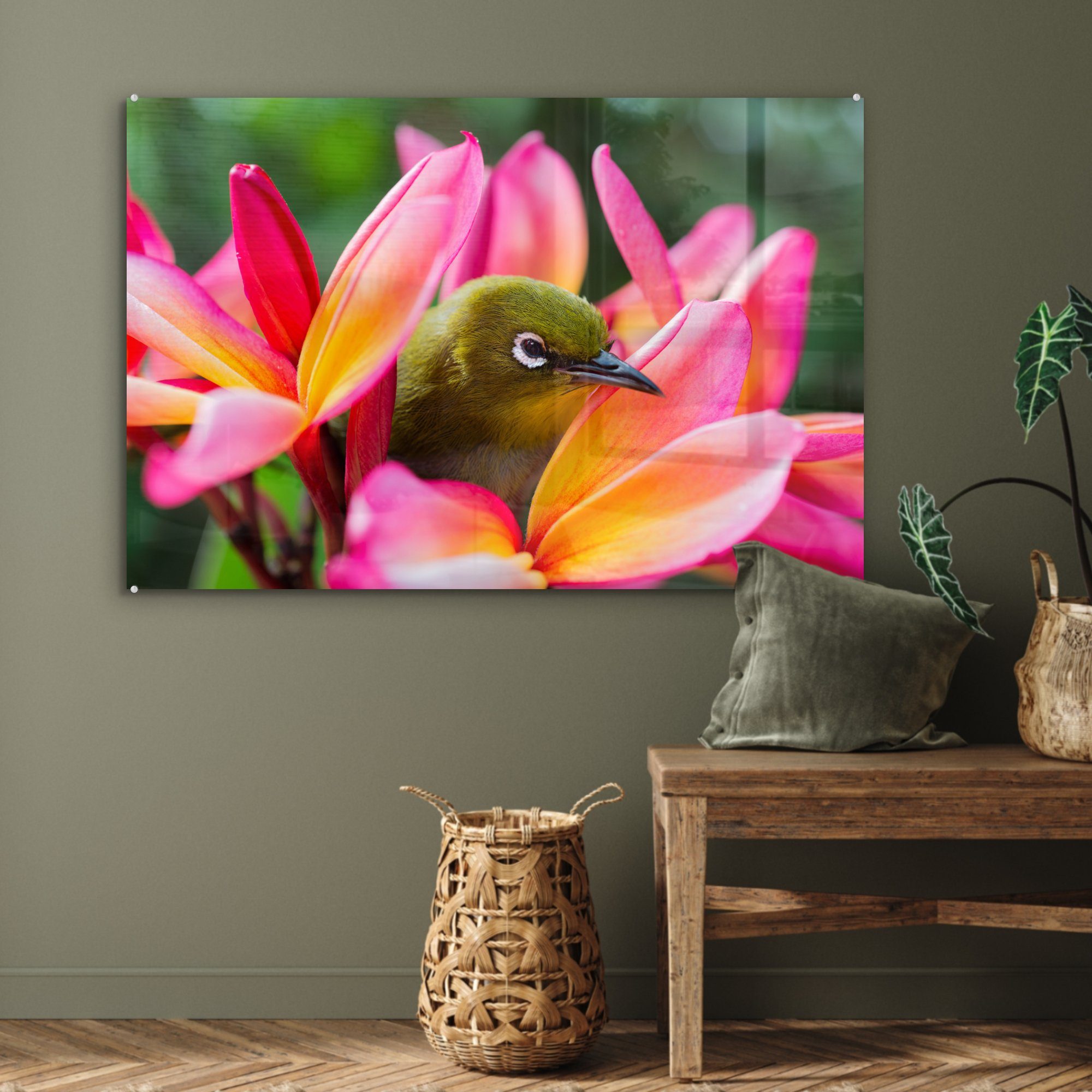 Vogel zwischen Blumen, Tropischer St), Wohnzimmer Acrylglasbild & Schlafzimmer Acrylglasbilder (1 MuchoWow