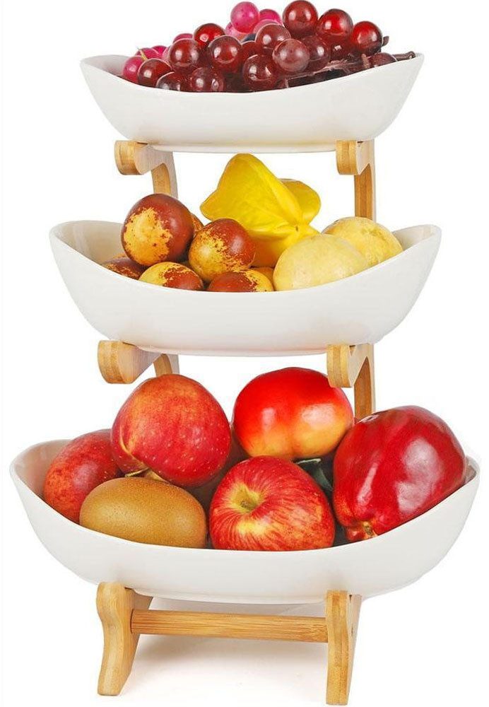 SURFOU Obstschale Obstkorb Etagere 3 Etagen aus Holz – Keramikteller für Obst und Snacks, Keramik, Bambusholz, (Weiß Keramik Etagere 3 Etagen, Obst Etagere 3 Stöckig, mit Natürlichem Bambus Ständer Servierteller für Gemüse, Obst, Snacks, 1-tlg), Spülmasch